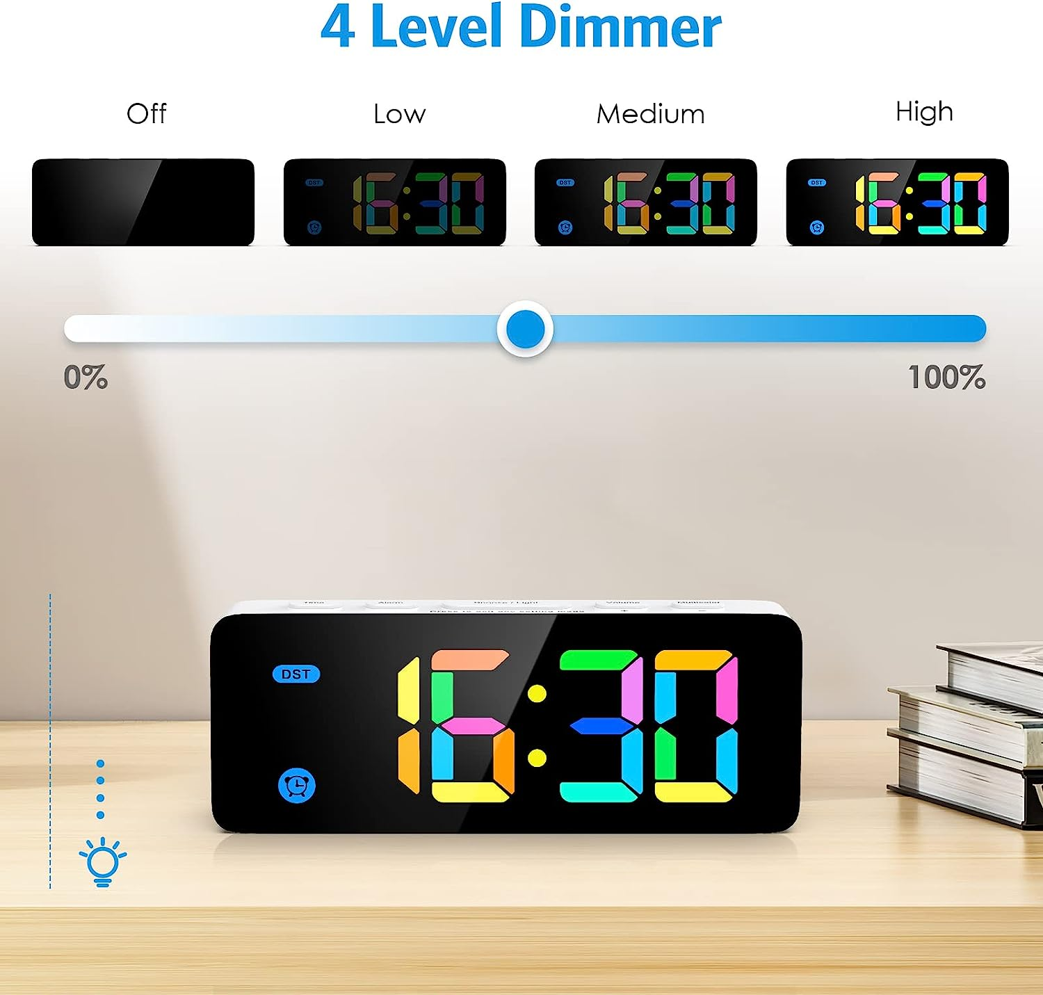 AMIR Digital Alarm Clock, Colorful LED Digital Clock with 7 RGB Digital, 4 Dimmable Backlight, 3 Adjustable Volumes, Snooze, 12/24Hr, USB Power Kids Clock for Heavy Sleepers Kids - Colorful image number 5