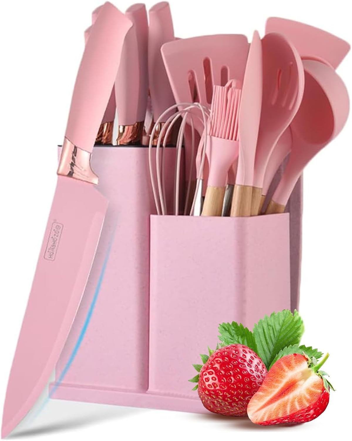 Kitchen Knife Set with Block, Retrosohoo Pink 19PC Silicone Kitchen Utensil Set and Stainless Steel Knife Set, Non-Stick Sharp Chef Knife and Cooking Utensils Set for Women Family (Pink) image number 3