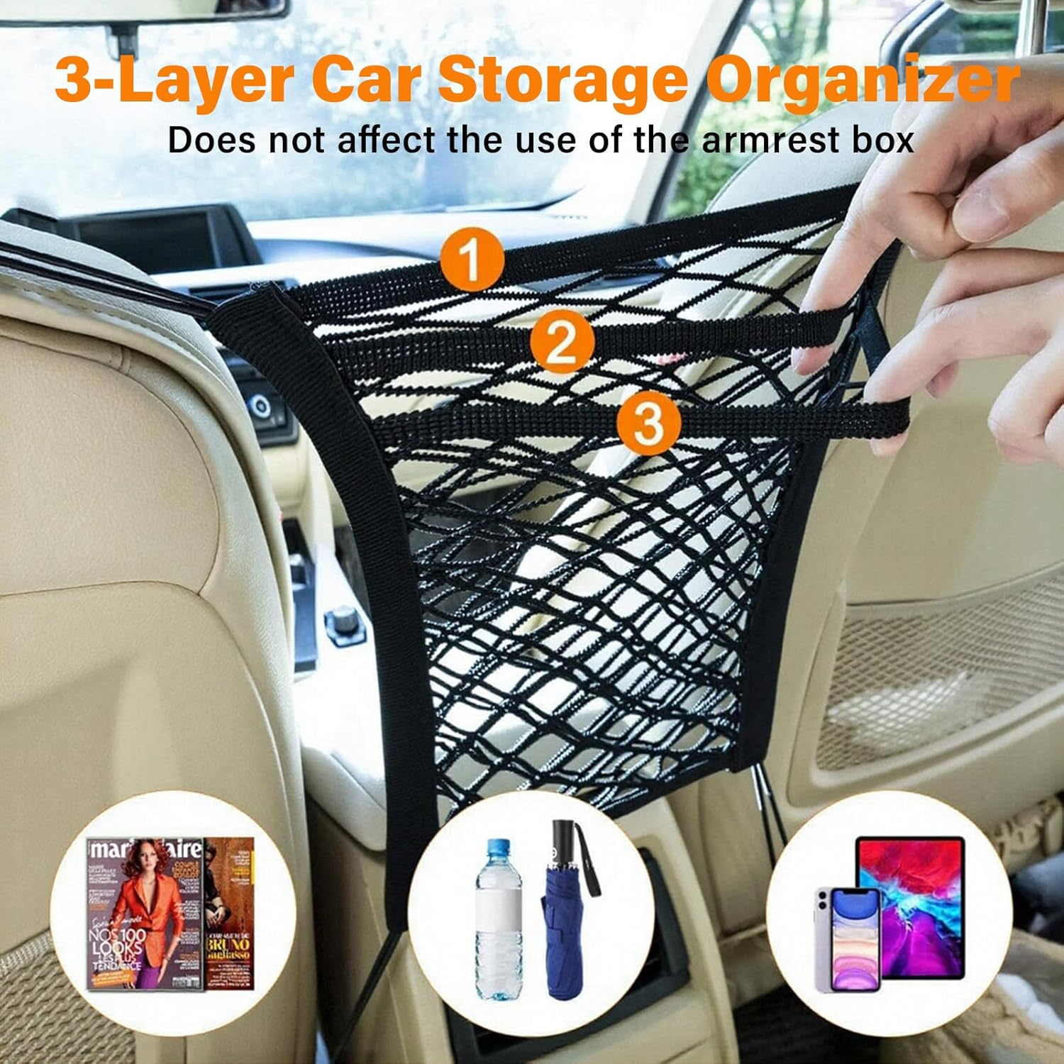 Viiotu 3 Layer Purse Holder for Car, Seat Back Net Bag, Universal for Cars, SUV &Sedan, Durable Car Organisation for Safe Driving with Children Pets (Large) image number 1
