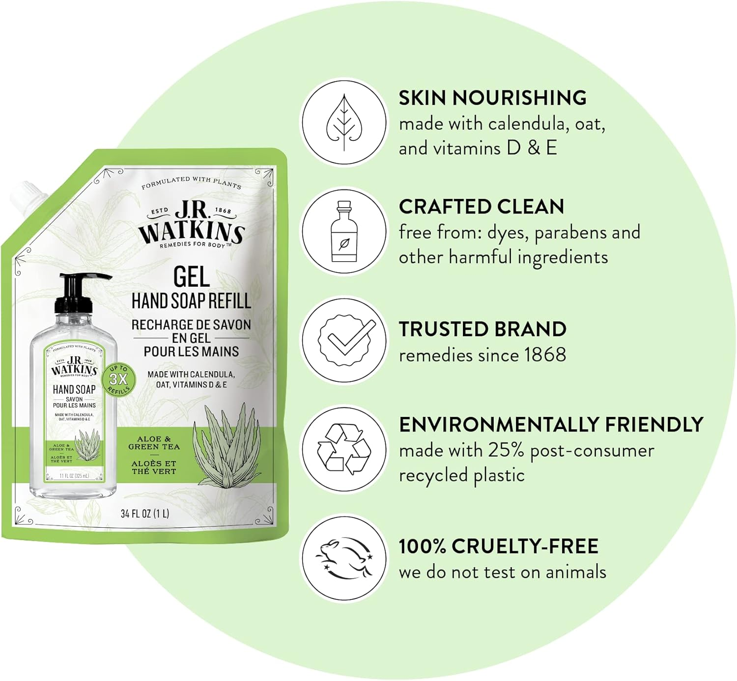 J.R. Watkins Hand Soap Refillsavon, Aloe & Green Tea 34 Fl Oz, Pack of 1 image number 3