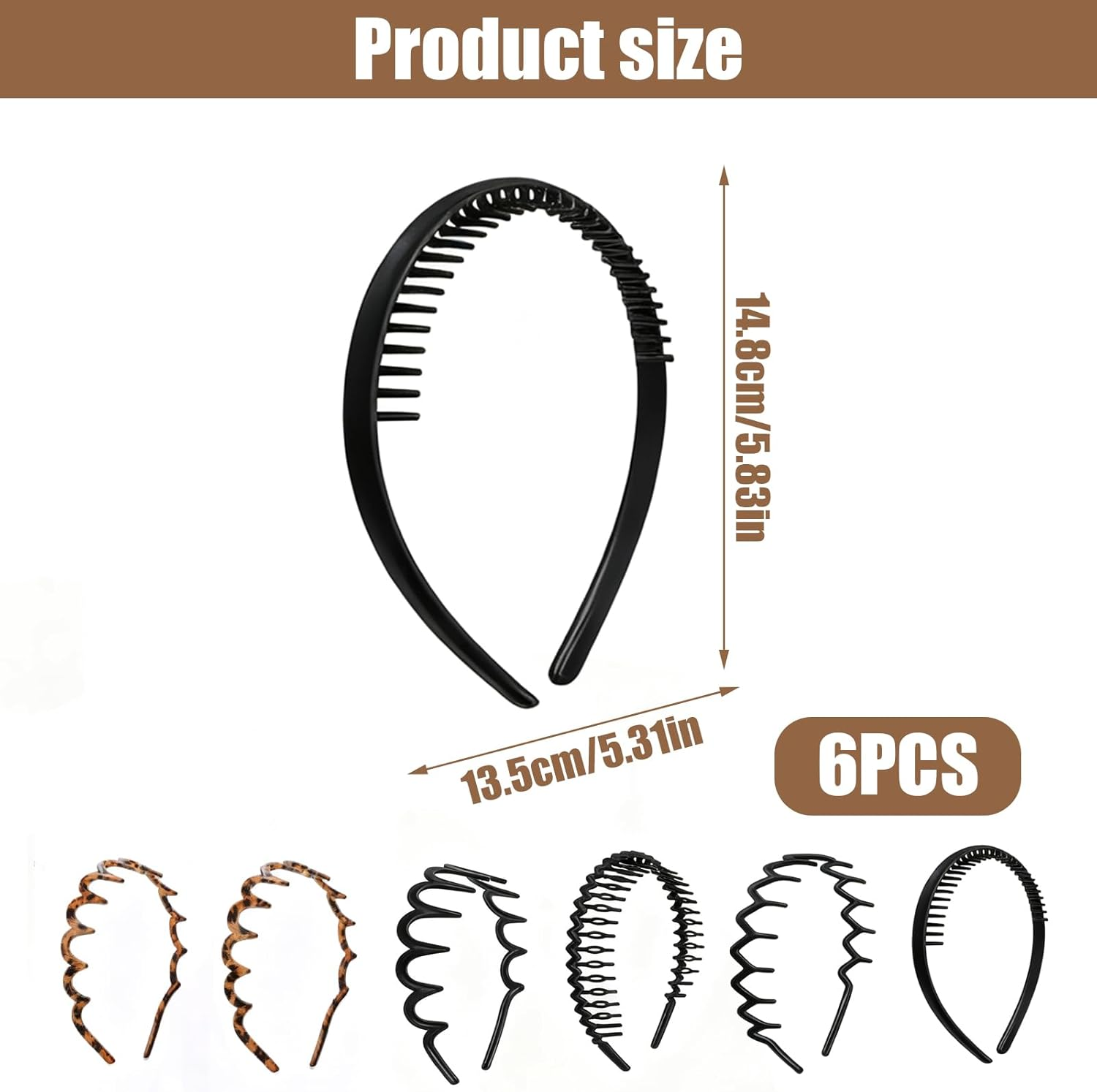 Pack of 6 Zigzag Headbands, Zigzag Headband, Black, Amber Shark Tooth Hair Band, Wavy Sports Headband Made of Plastic for Men and Women, Women'S Hair Band for Fitness, Yoga and Everyday Life image number 3