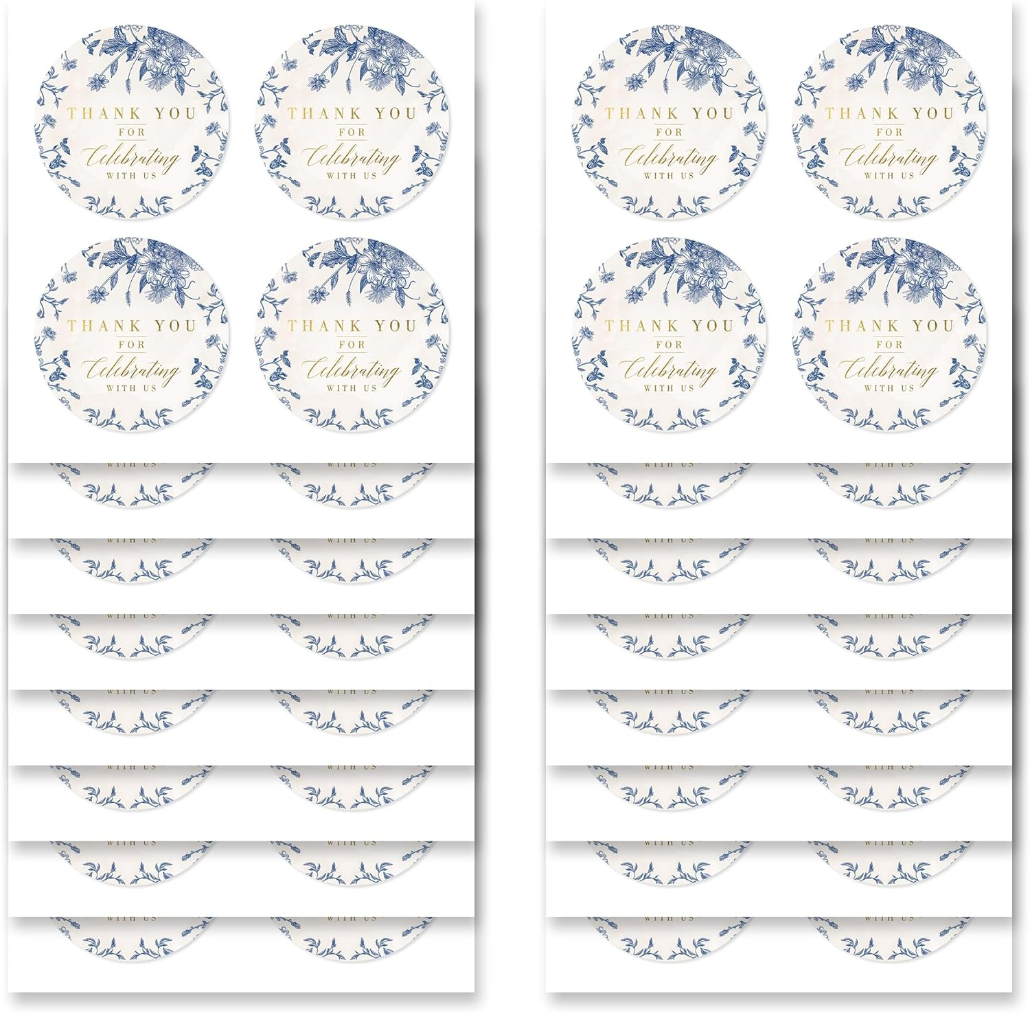Mobiusea Creation Thank You for Celebrating with Us Stickers | Gold Foil Wedding Favor Stickers | 60Pcs Waterproof 2" Vintage Blue Floral Labels for Baby Shower, Bridal Shower, Parties image number 1