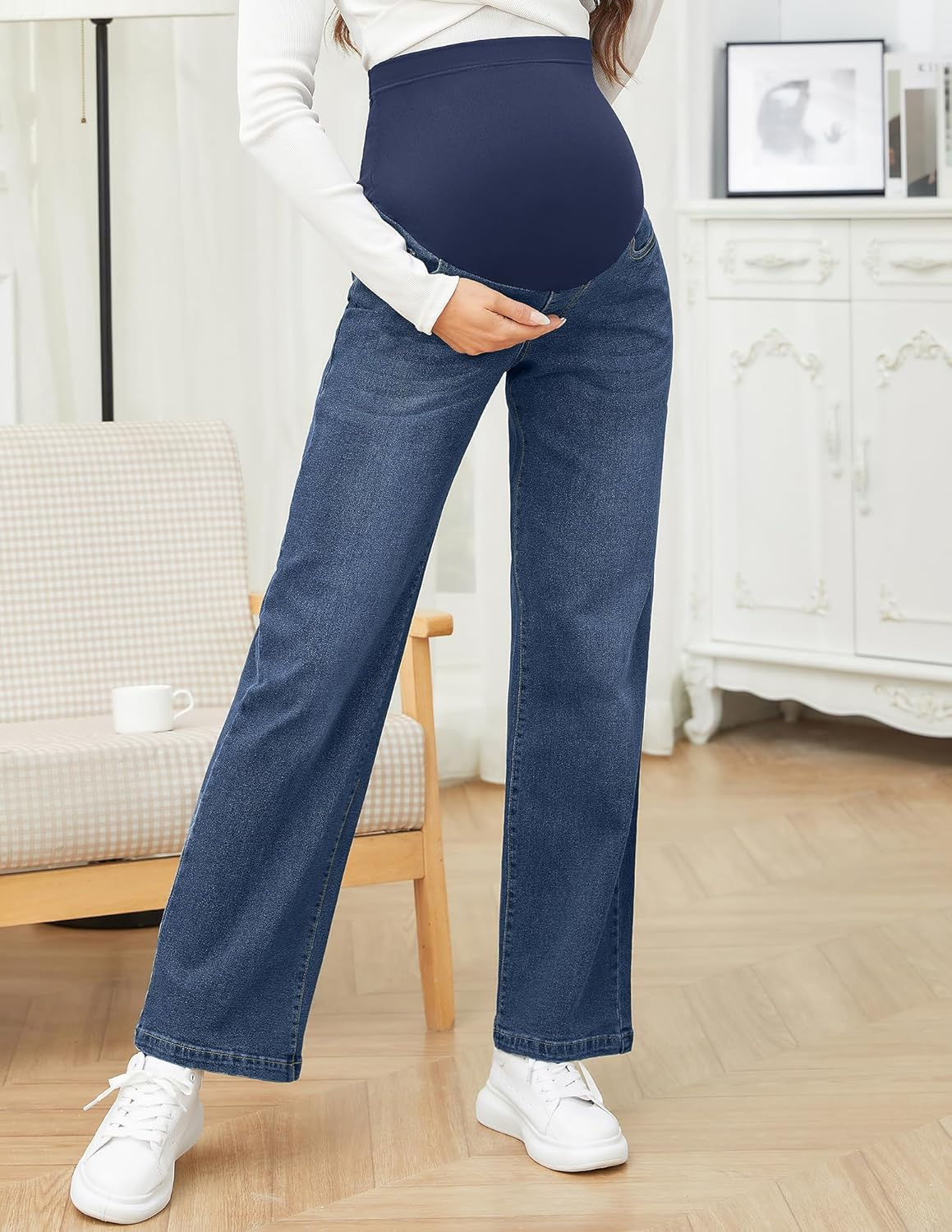 Fitglam Maternity Jeans Clothes for Women Fall Wide Leg Pregnancy High Waisted Loose Denim Work Pants over Belly image number 5