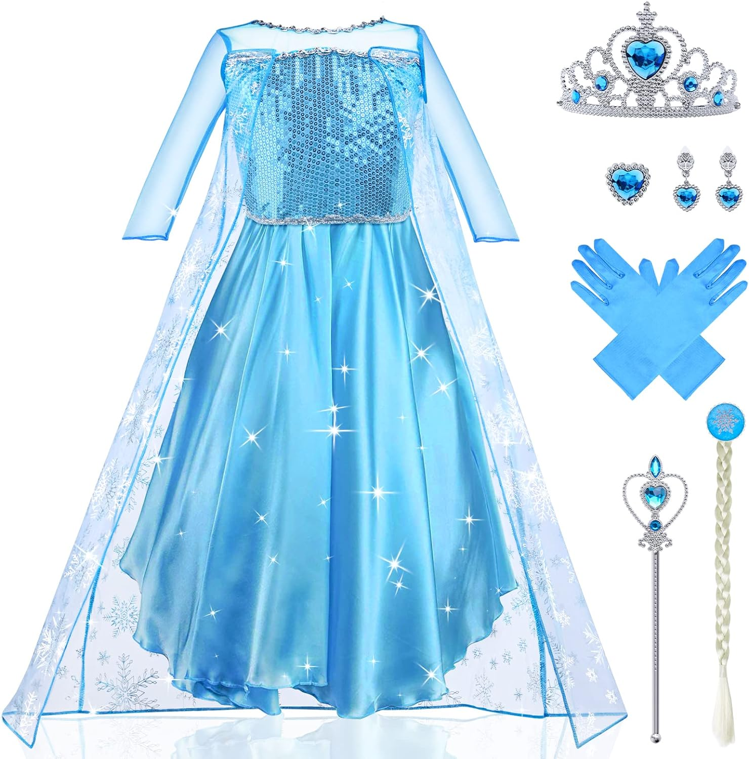 URAQT Elsa Costume Children'S Girls, 9-Piece Set Elsa Dress Children with Crown Tiara Gloves Magic Wand for Christmas Fancy Dress Carnival Halloween Birthday Party (130) image number 5
