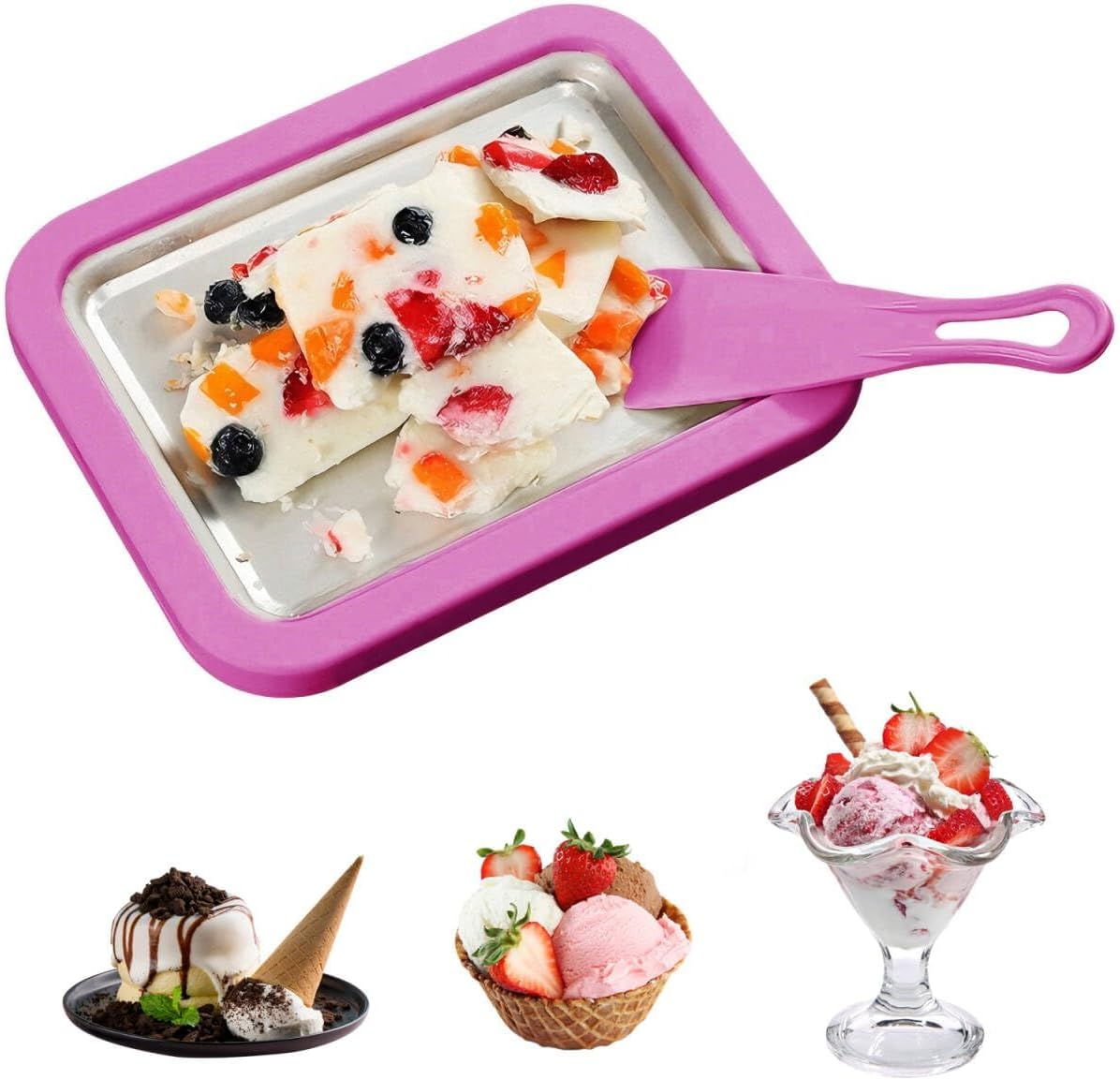 Ice Cream Maker Plate with 2 Spatulas for Homemade Rolled Ice Cream, Frozen Yogurt, Gelato, and Sorbet. Manual Stainless Steel Pan(White)