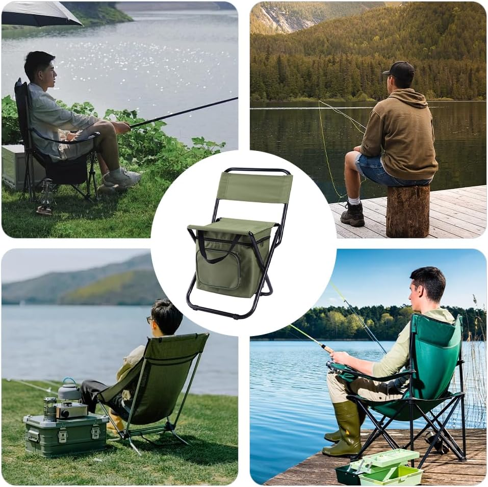 Camping Fishing Stool, Outdoor Folding Chair, Hiking Portable Seat, Chair with Cooler Insulated Picnic Bag, Stool for Camping Hunting Fishing (Green, 32 * 31 * 58CM)