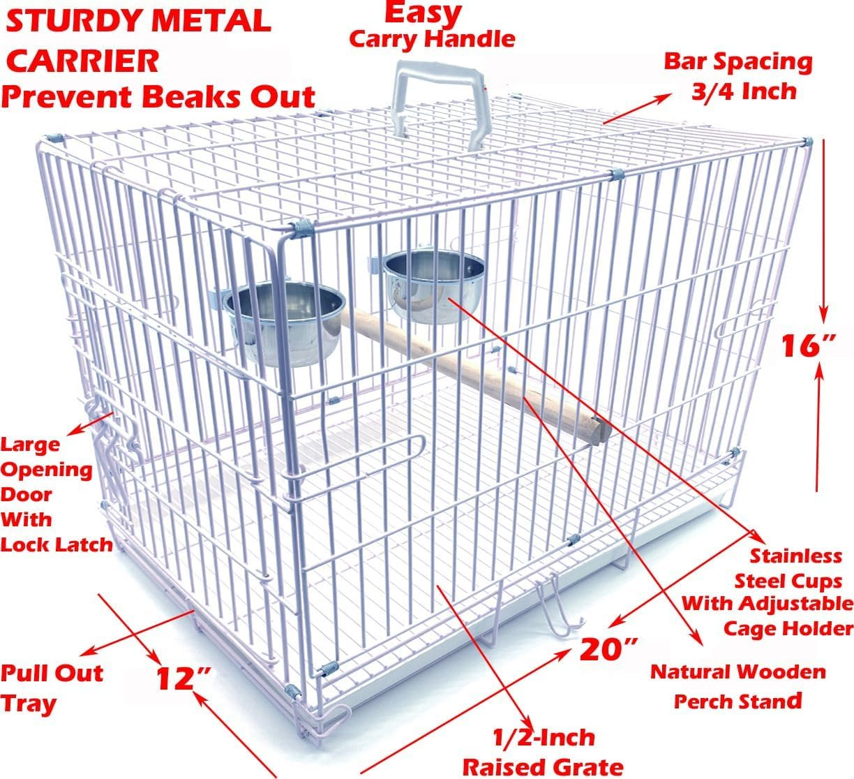 Durable Easy Portable Metal Travel or Veterinary Collapsable Parrot Bird Carrier Beaks Proof Cage with Stainless Steel Feeder Bowls Natural Wooden Perch Stand image number 4
