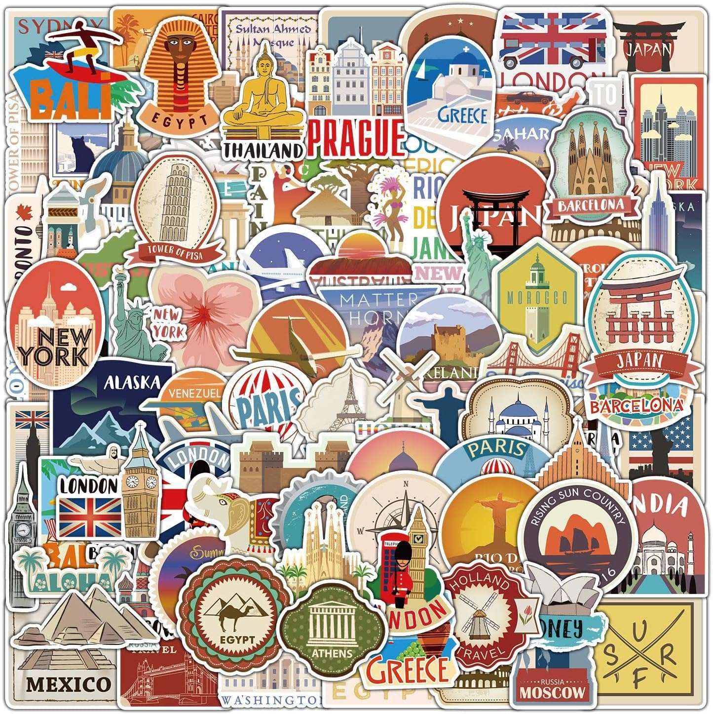 Travel Map Stickers,100 PCS Travel around the World Graffiti Vinyl Waterproof Decals for Water Bottles Computer Bicycle Skateboard Luggage Phone Pad Laptop Kids Teens Stickers Pack image number 6