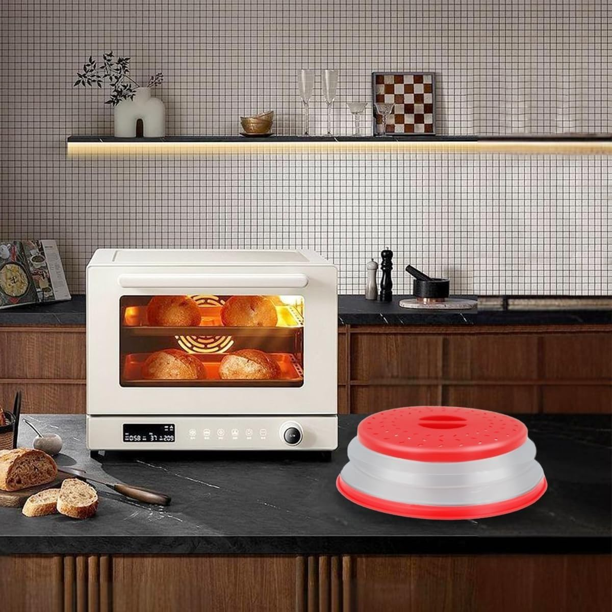 2-In-1 Microwave Splash Cover, Ventilated Folding Food Microwave Cover,Kitchen Filter Pot, Suitable for Dining in the Kitchen and Outdoors (Red)