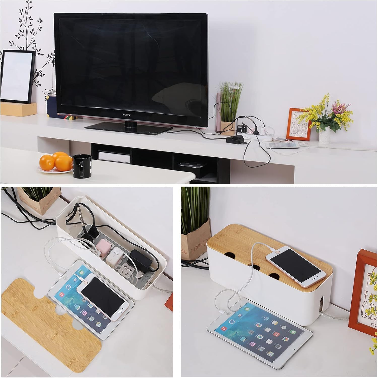 Cable Management Box with Bamboo Lid, Wires Keeper Holder, Small Cord Hider Box Cord Organizer Boxs, Power Strip Box for Desk TV Computer USB Hub System to Cover and Hide to Conceal Surge Protector image number 1
