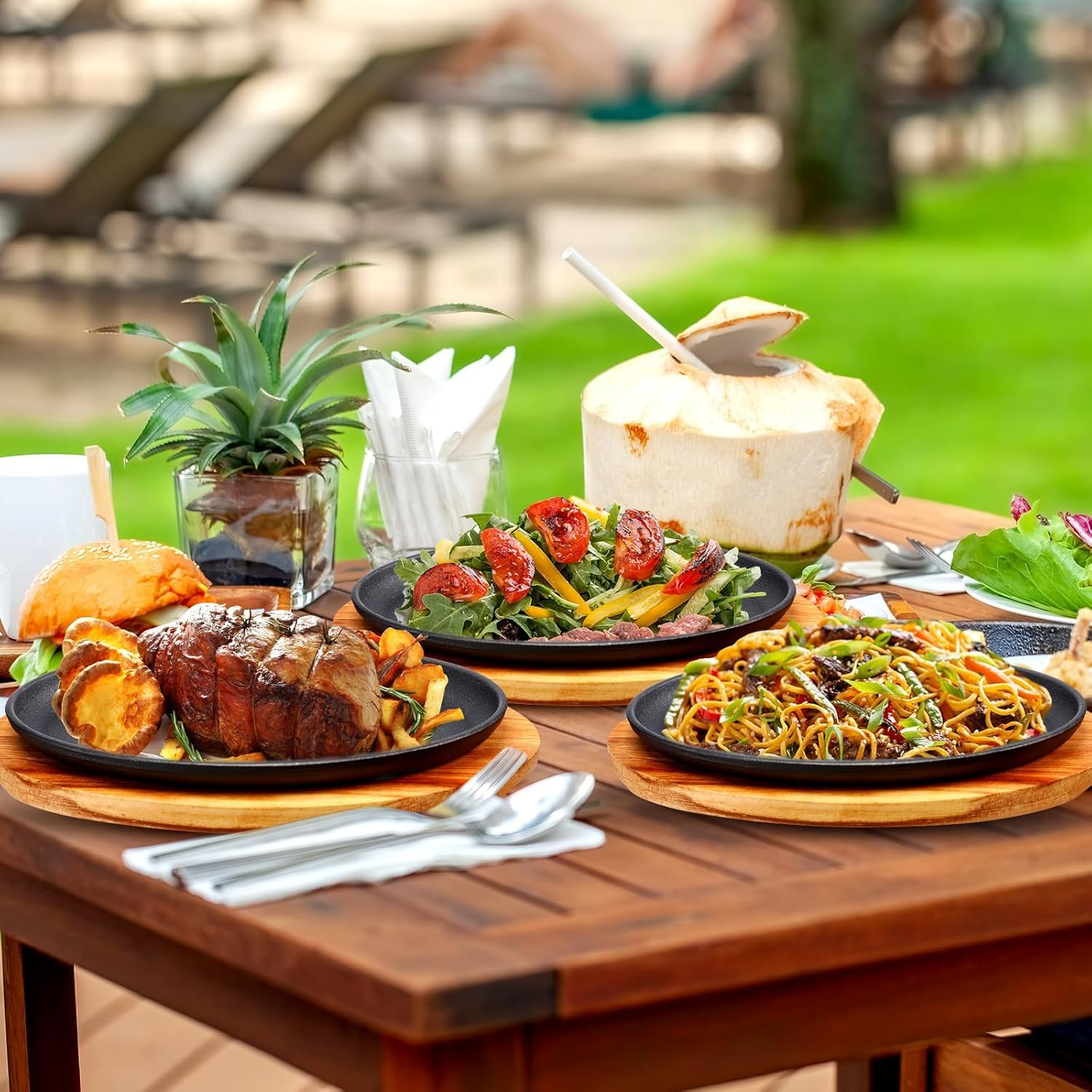 Cast Iron Skillet Set 10.63'' X 6.89'', Fajita Plate Sizzling Pan with Wooden Base anti Scald Protection Removable Handle for Restaurant Kitchen Cooking Accessory BBQ Party, XICEN Steak Pan (4 PCS) image number 4