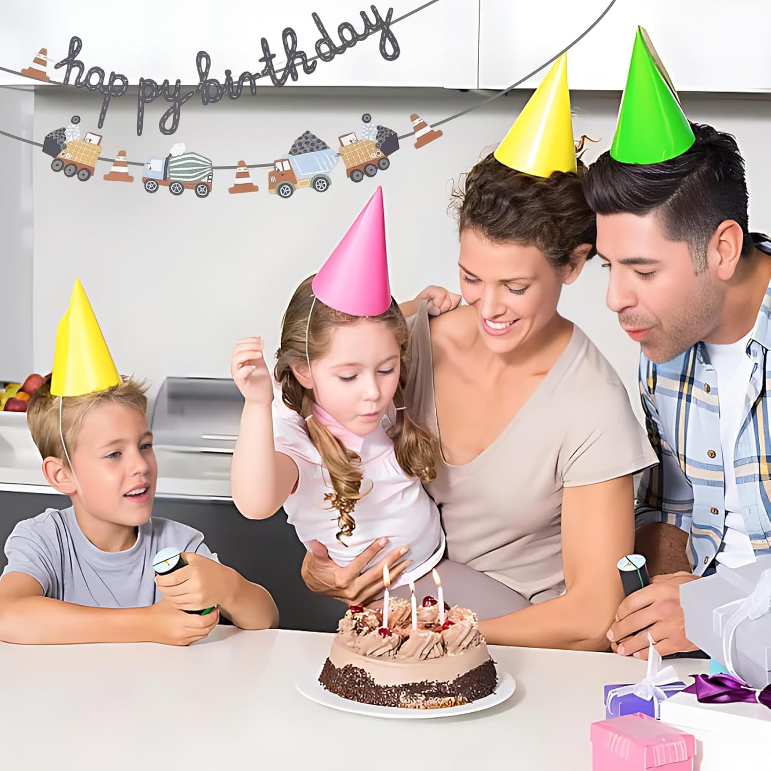 Construction Site Party Chain, Cute Happy Birthday Colourful Vehicles, Birthday Garland Construction Site Boy with Truck Crane Concrete Mixer, Children'S Birthday Decoration Hanging Chain For image number 2
