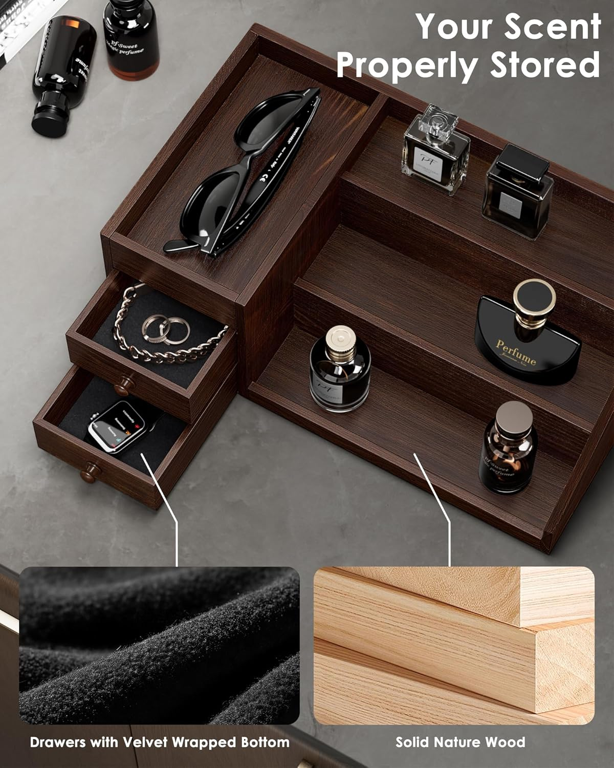 Procase Wood Men&rsquo;S Cologne Organizer with Drawers, 3 Tiers Perfume Elevated Storage Display Shelf Stand Countertop Riser for Cologne Skin Care Hidden Compartment for Father Men -Brown - Black image number 4