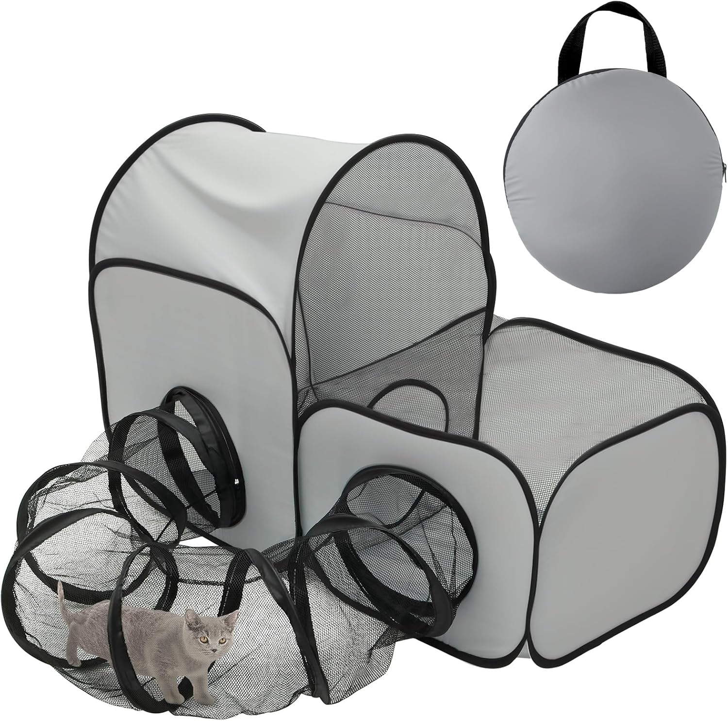 Cat Playpen with Surround Tunnel, Outdoor Cat Enclosure with Storage Bag, Foldable Pet Playpen for Small Animals, Breathable Pet Tent Outdoor for Backyard, Camping, Travel (Color B)