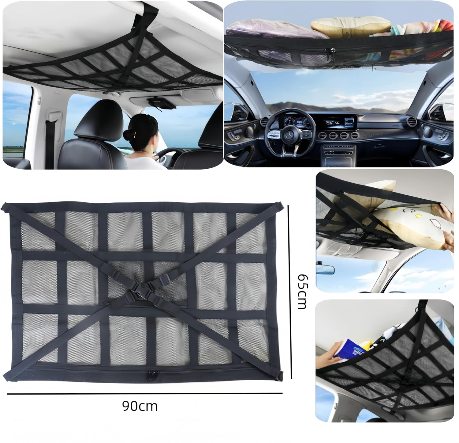 Ai-Oumleef Car Ceiling Cargo Net Pocket, Luggage Net Car Ceiling Storage Net, Adjustable Cross Strap Strengthen Load Car Ceiling Storage Net, Double Layer Mesh Car Organizer with Zipper(65 * 90) image number 2