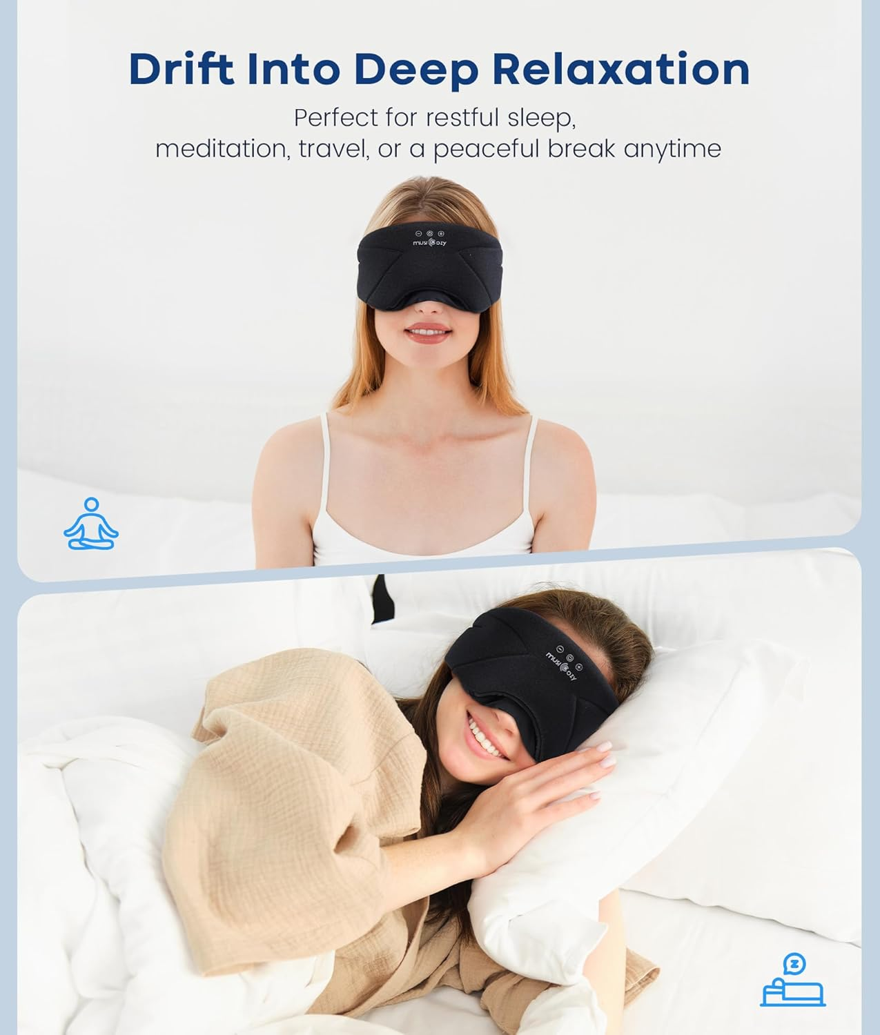 MUSICOZY Bluetooth Sleep Headphones 5.4, Wireless Over-Ear Headphones with Built-In HD Stereo Speakers, Cooling Eye Mask Design, 14H Playtime, Washable, for Side Sleepers, Travel & Relaxation image number 1