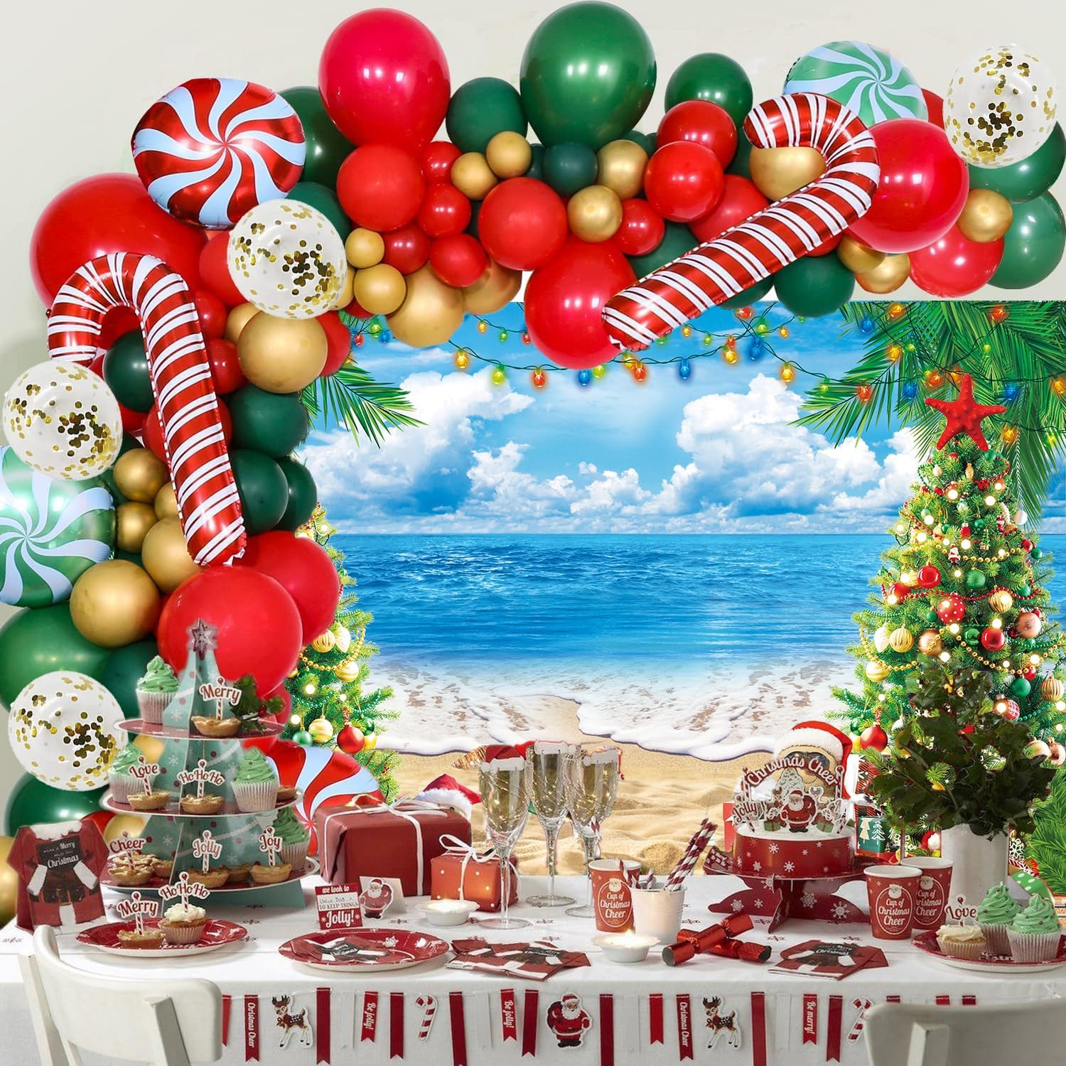 July Christmas Backdrop 8X6Ft for Photography Summer Beach Christmas Tree Decoration Background Tropical Hawaiian Xmas Party Supplies Photo Props image number 5