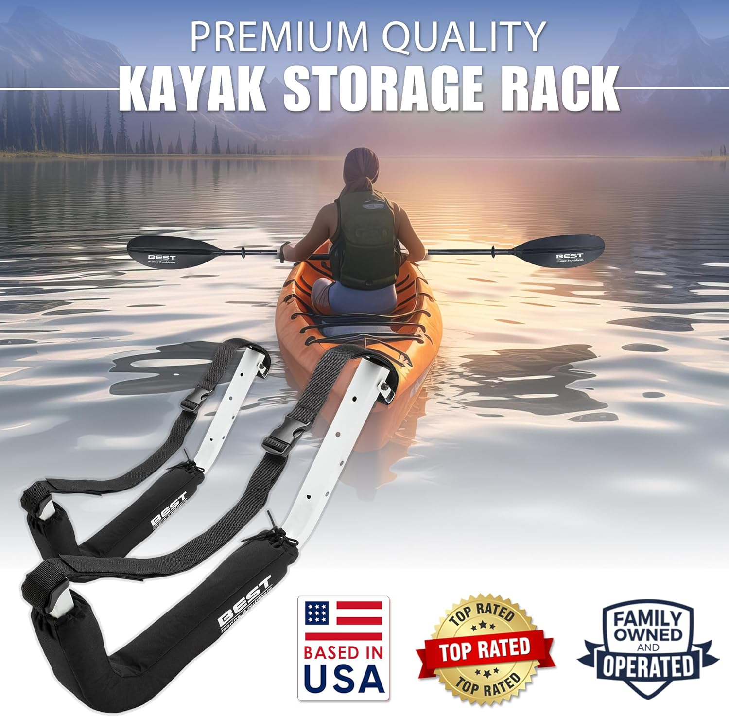 Best Marine and Outdoors Kayak Storage Rack, 2 Premium Wall Mount Racks, Kayaks & SUP Paddle Boards, 46Kg Weight Capacity Garage Hanger, Indoor Outdoor Paddleboard Holder & Kayaking Accessories