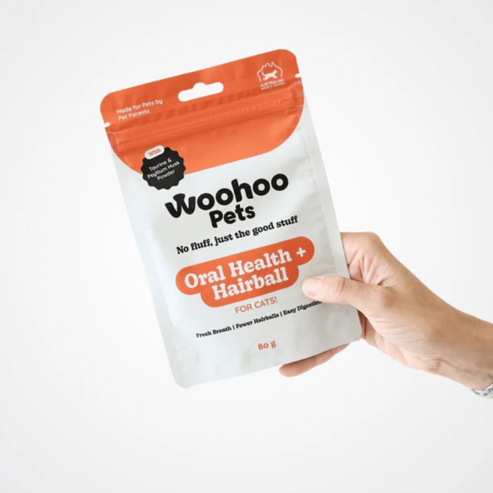 Woohoopets Oral Health & Hairball for Cats | Taurine, Fibre & Psyllium Supplement for Fresh Breath, Hairball Control & Easy Digestion, 80G