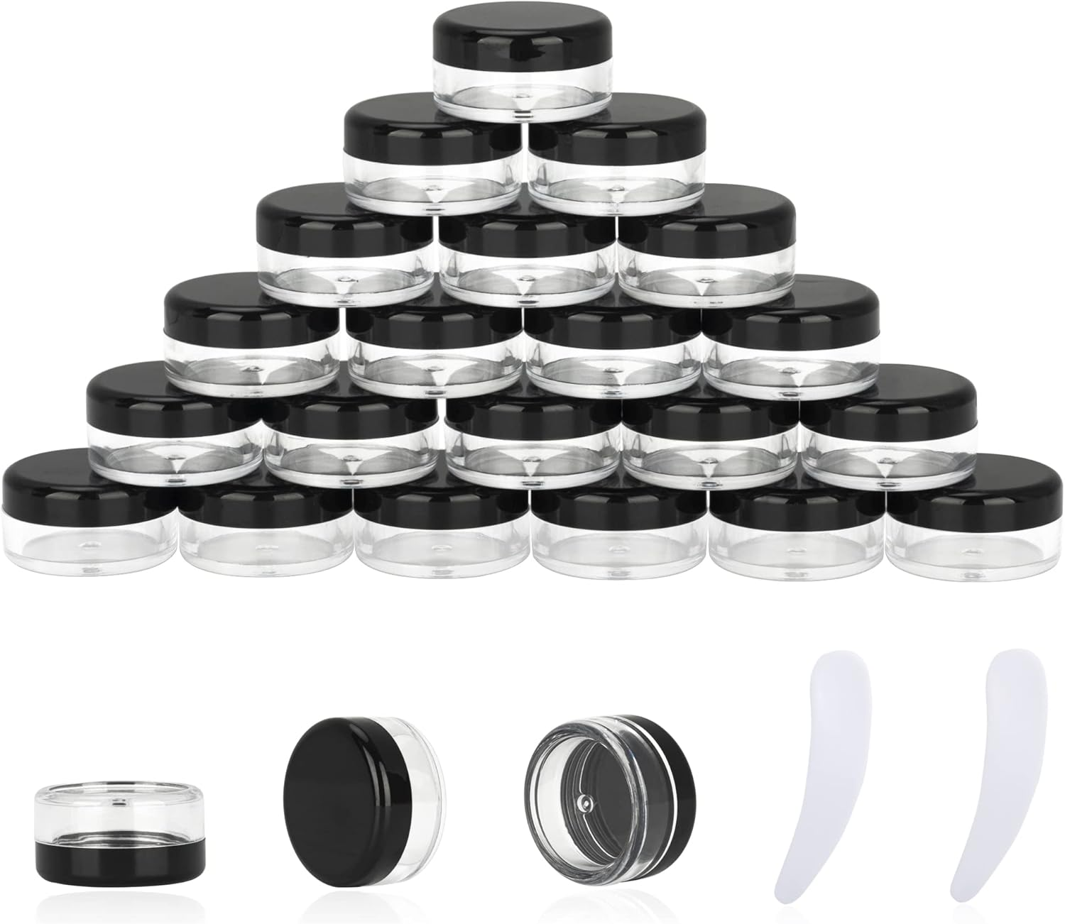 25PCS 3 Gram Sample Containers, 3Ml Empty Jars with Lids, Small Cosmetic Containers, Mini Sample Jars with 2PCS Mini Spatulas for Make Up, Oils, Lotion, Powder, Paint, Jewelry, Lip Balms(Black Lid) image number 4