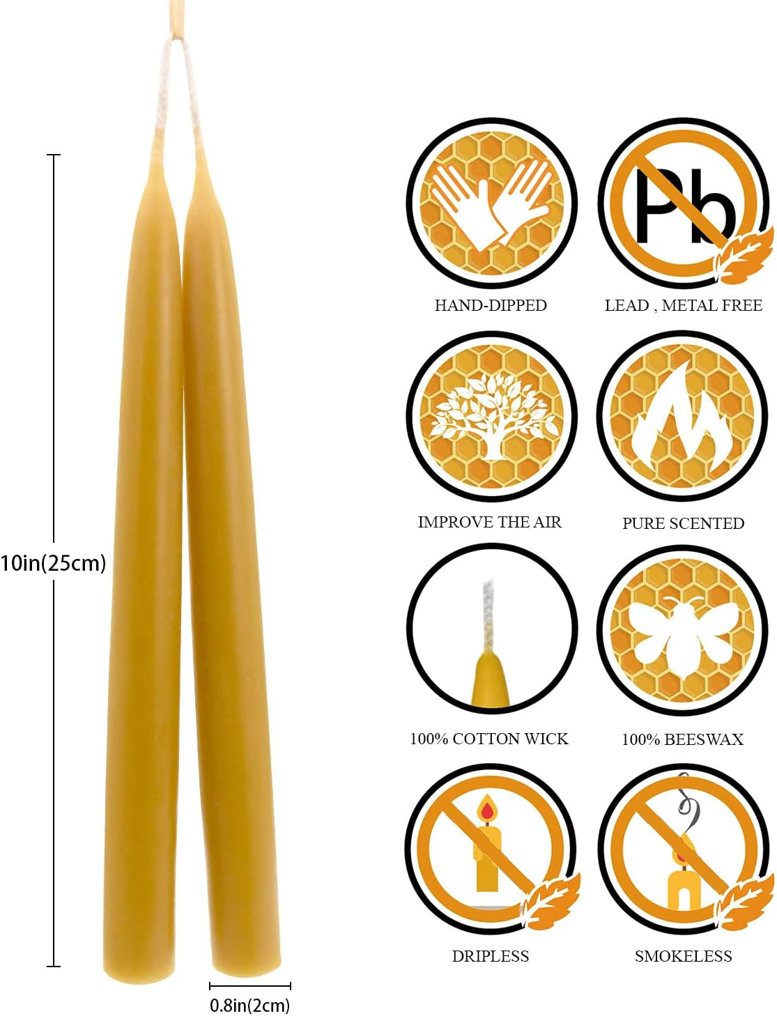10 Inch Natural Beeswax Taper Candles Set of 12, DEYBBY Smokeless and Dripless Beeswax Candles, 9Hrs Burn Time, Nontoxic image number 3