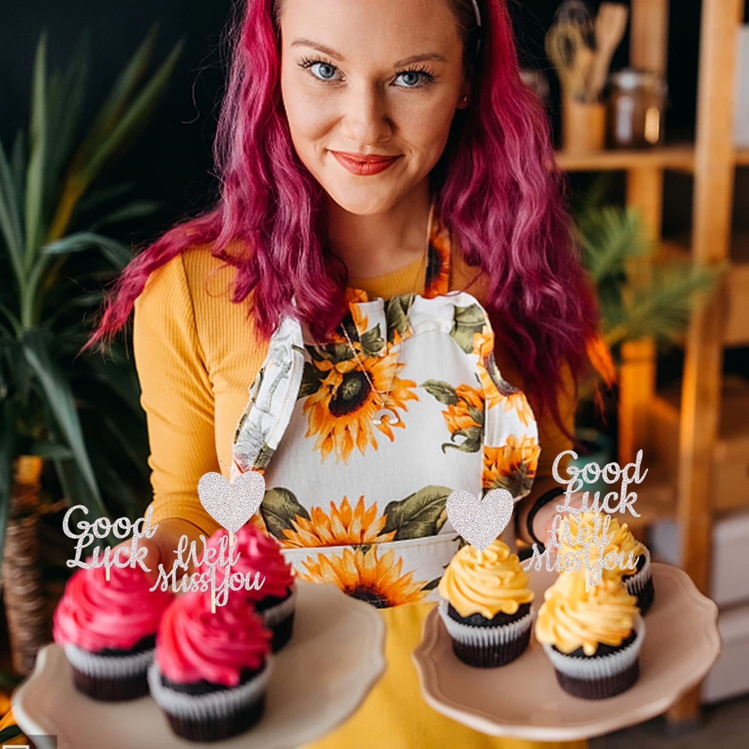 24 Pack We Will Miss You Cupcake Toppers Glitter Red Love Heart Good Luck Cupcake Picks Retirement Theme Going Away Party Cake Decorations (Silver) image number 1