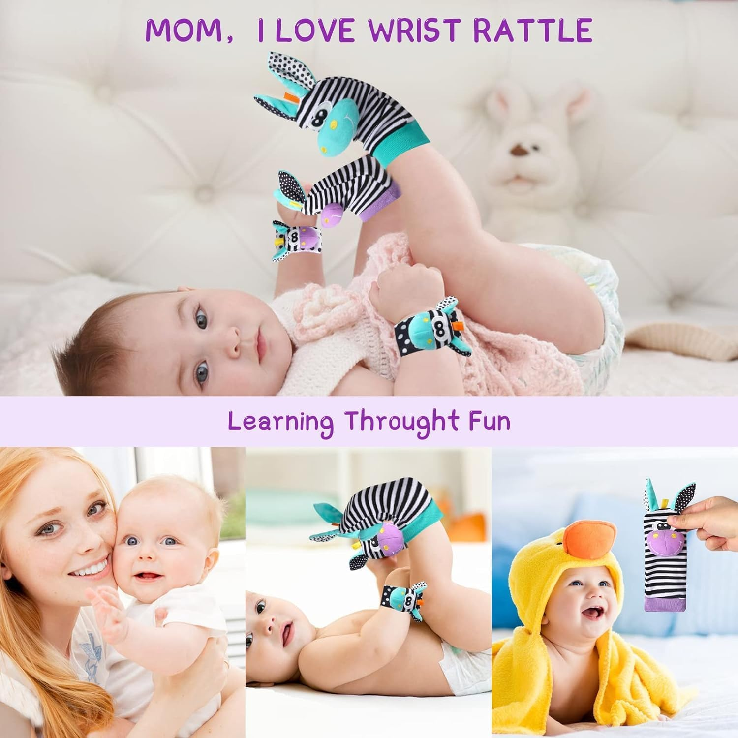 4Pcs Baby Rattle Toys, Baby Foot Finder Sock Wrist & Ankle Rattles Toys Newborn Sensory Toys Rattle Socks Hand & Feet Rattles Toys Bebe Wristband Rattle Strap for 0-12 Months Infant Gift Toys image number 6