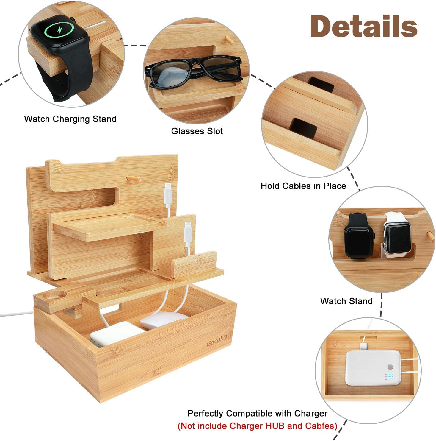Bamboo Multiple Device Docking Station Phone Key Holder Laptop Tablet Wallet Watch Stand image number 1