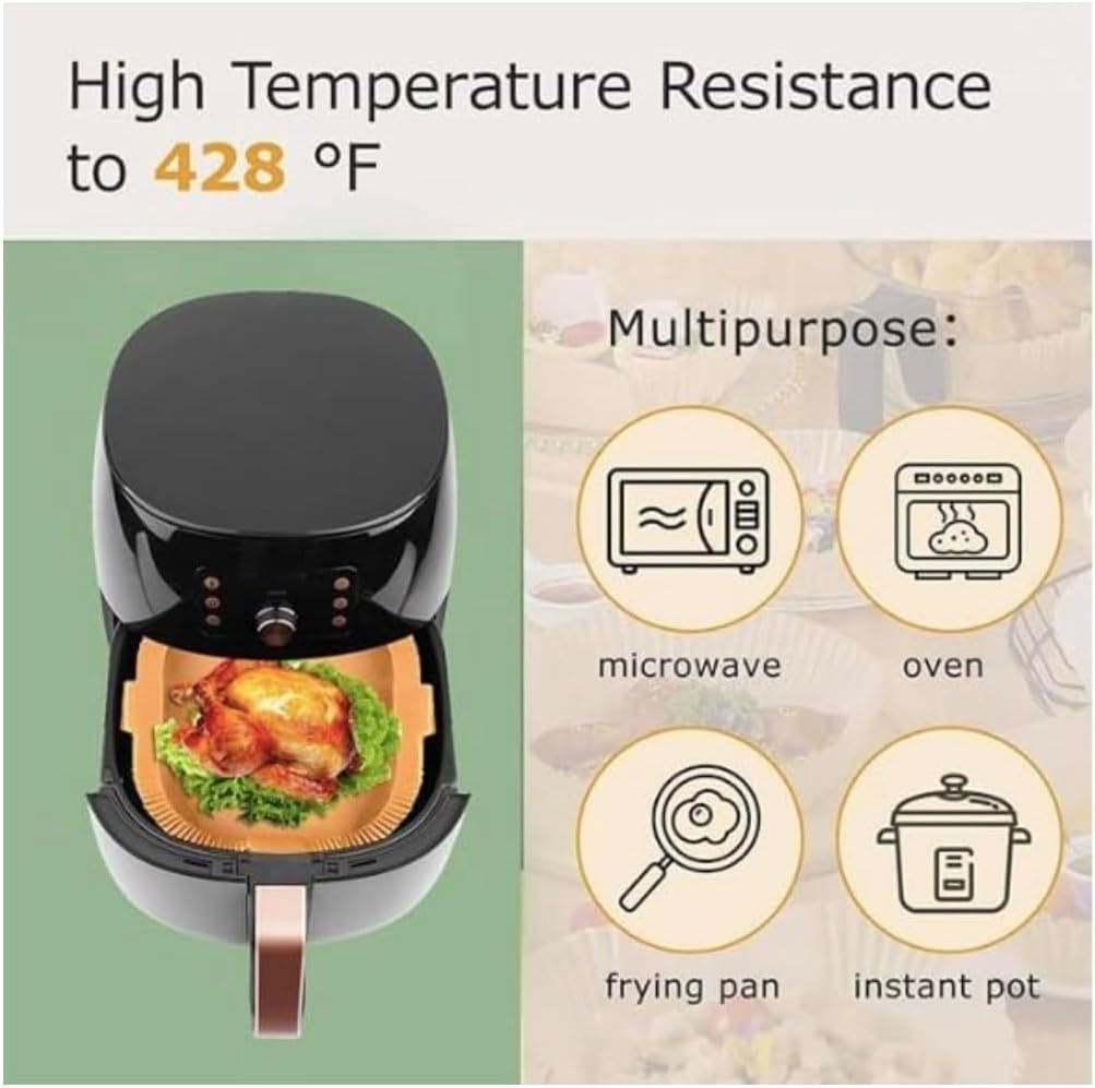 Air Fryer Paper Liners with Handles, Square, 16Cm & 20Cm, 125Pcs Extra Thick Disposable Parchment Liners, Non-Stick, Oil-Proof, Compatible with Tefal, Philips, Breville & More, Bpa-Free, Unbleached