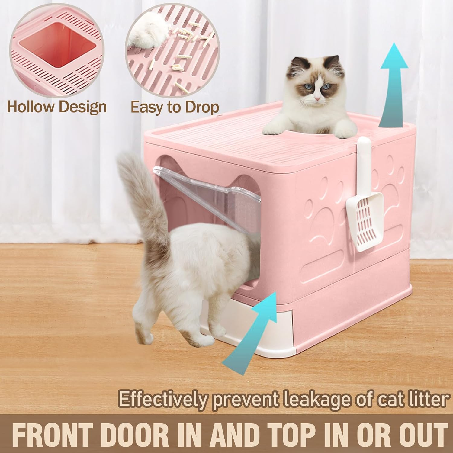 Amibud Covered Stainless Steel Cat Litter Box with Lid, Foldable Metal Enclosed XL Top Entry Kitty Litter Pan Tray with Scoop,Easy to Clean(Pink) image number 4