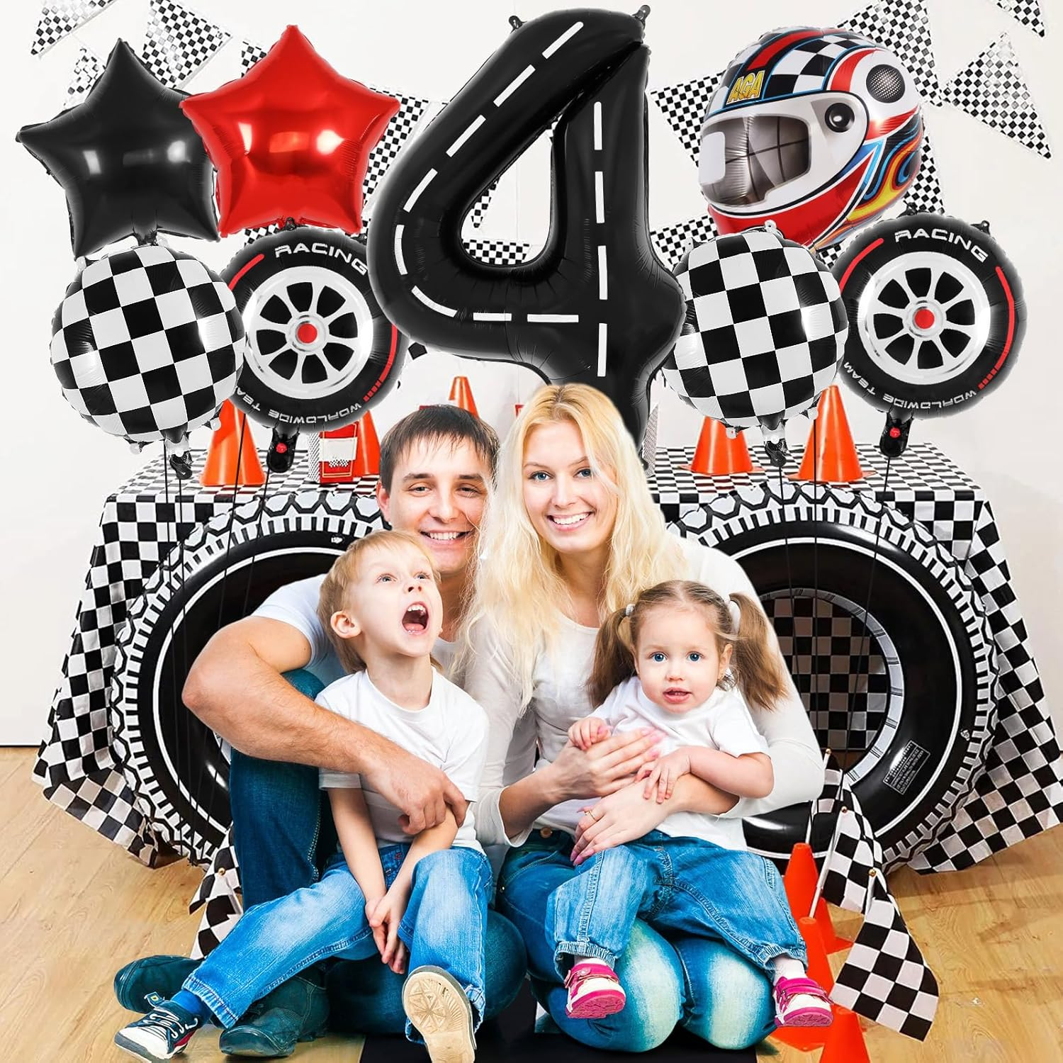 Race Car Birthday Balloons, Racetrack Number 4 Balloon, 40 Inch Large Foil Black 4 Balloon for 4 Year Old Birthday Race Car Themed Party Decoration image number 6