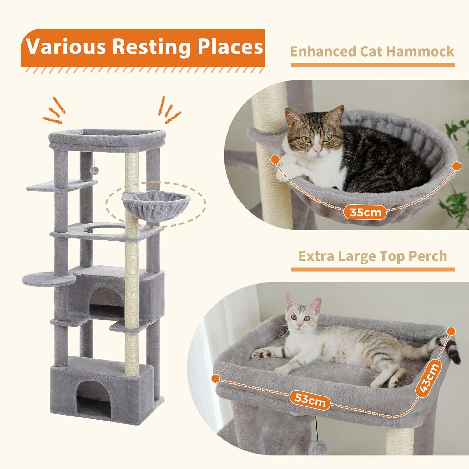 PAWZ Road Cat Tree for Large Cats, 170Cm Cat Tower for Indoor Kitten,Multi-Level Cat Furniture with Large Condo,Spacious Top Perch(53X43Cm), Cozy Hammock(Dia=35Cm), Cats Scratching Post. Grey - Grey image number 3