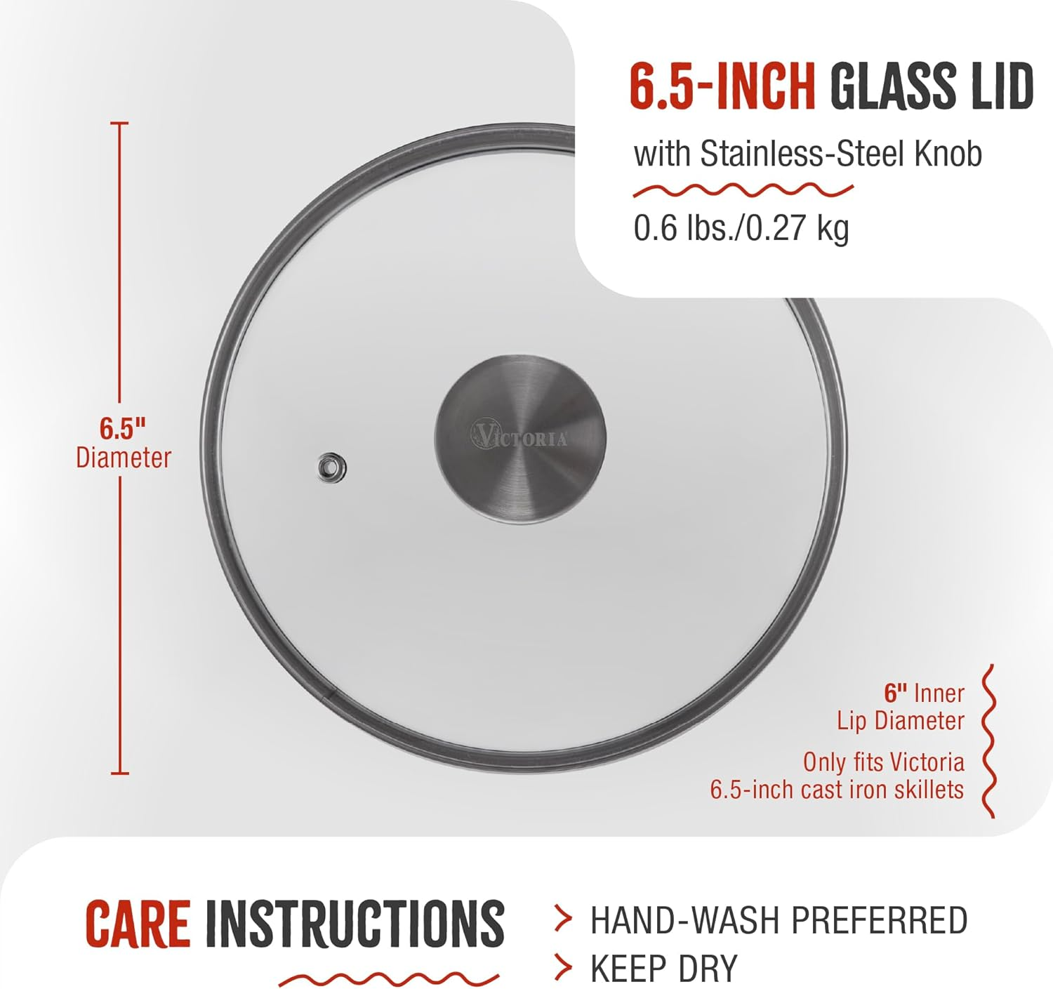 Victoria round 6.5-Inch Glass Lid for Cast Iron Skillet or Pan, Custom Made for Only Victoria Brand, Diameter 6-Inch image number 1