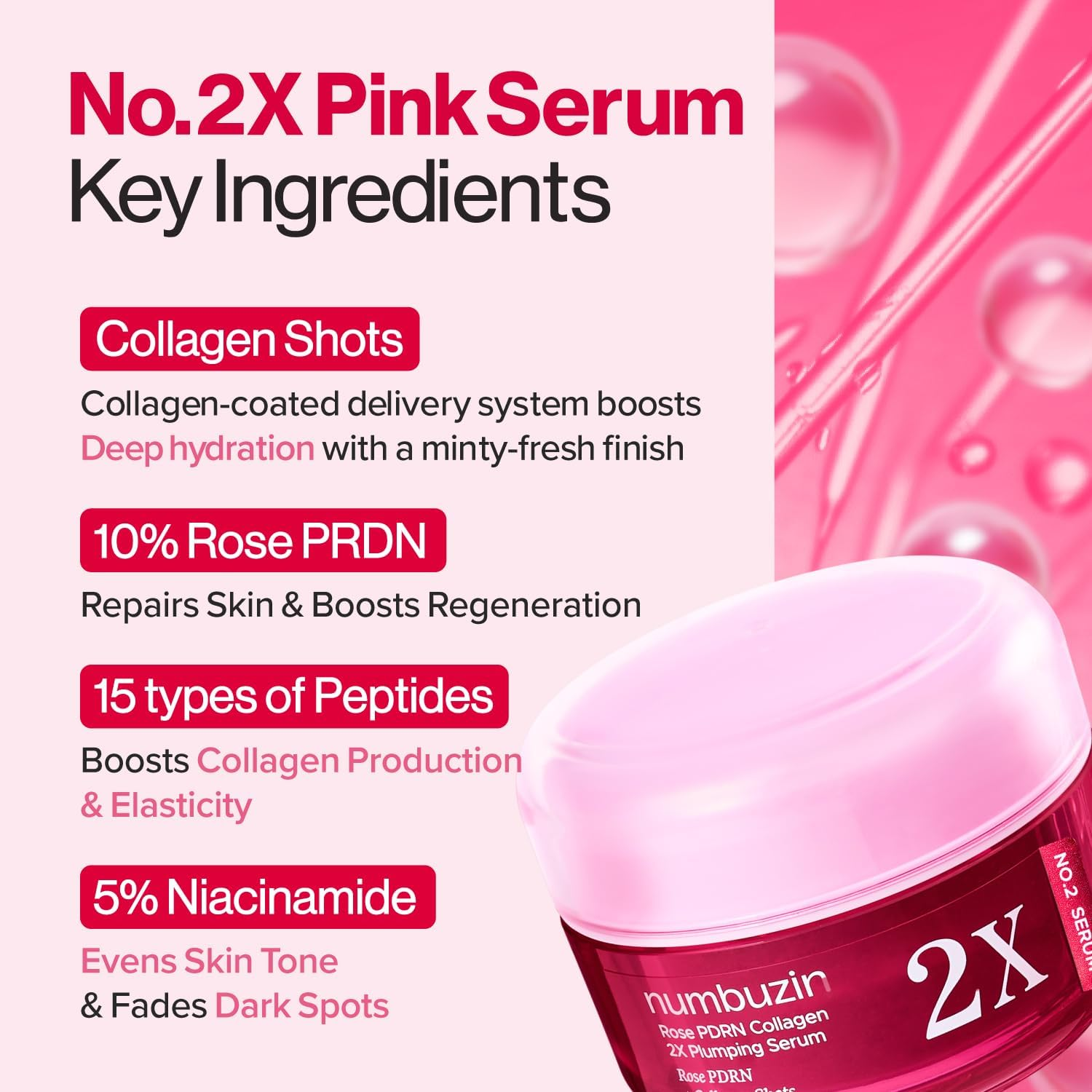 Numbuzin No.2X Serum | Rose PDRN Collagen 2X Plumping Serum | Glowing, Hydrating, Firming, Korean Skincare | Collagen, Peptides, PDRN | for Dry, Combination Skin | 1.01 Fl.Oz.