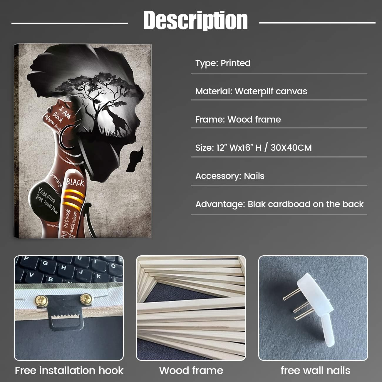 Framed Wall Art Prints Decor, African American Wall Art Black King Man and Women Coupleportrait Wall Art,Inspirational Afro Poster, Canvas Painting Decorate for Living Room, Bedroom (12"X16") image number 2