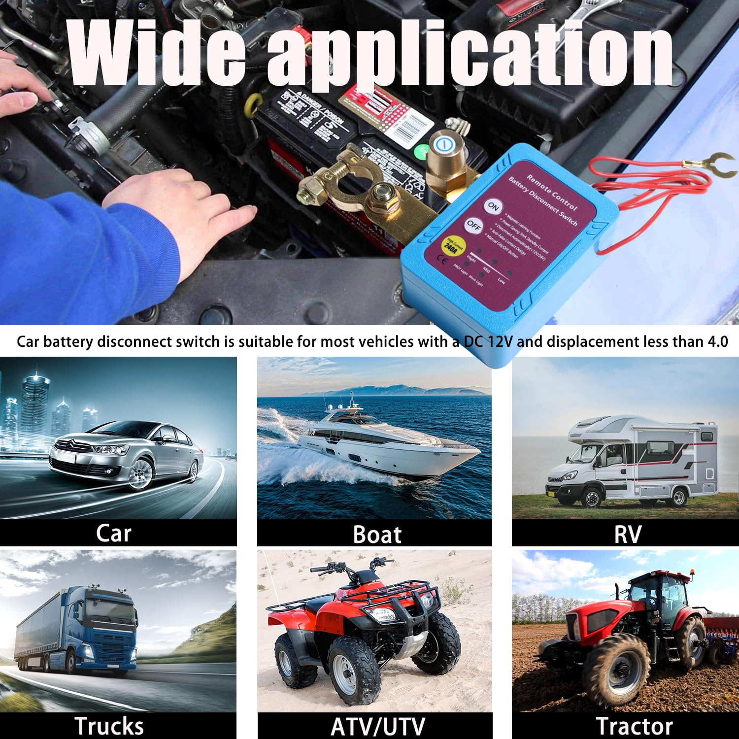 12V 250A Remote Battery Disconnect Switch Blue Kill Switch Auto Car RV ATV Truck Marine Boat image number 4