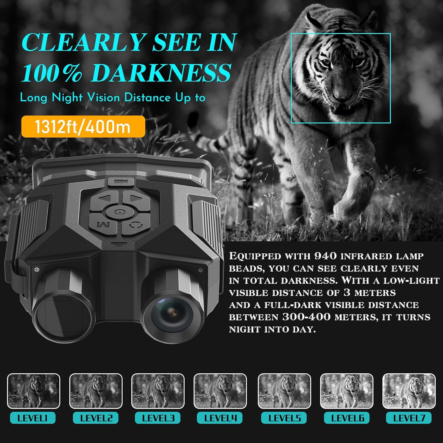 DNV4000 Night Vision Goggles - 4K Night Vision Binoculars with 8X Digital Zoom, 7 IR, 5000Mah Rechargeable, 3''Large Screen, 400M Night Vision Distance for Camping & Outdoor Adventures & Security Use image number 6