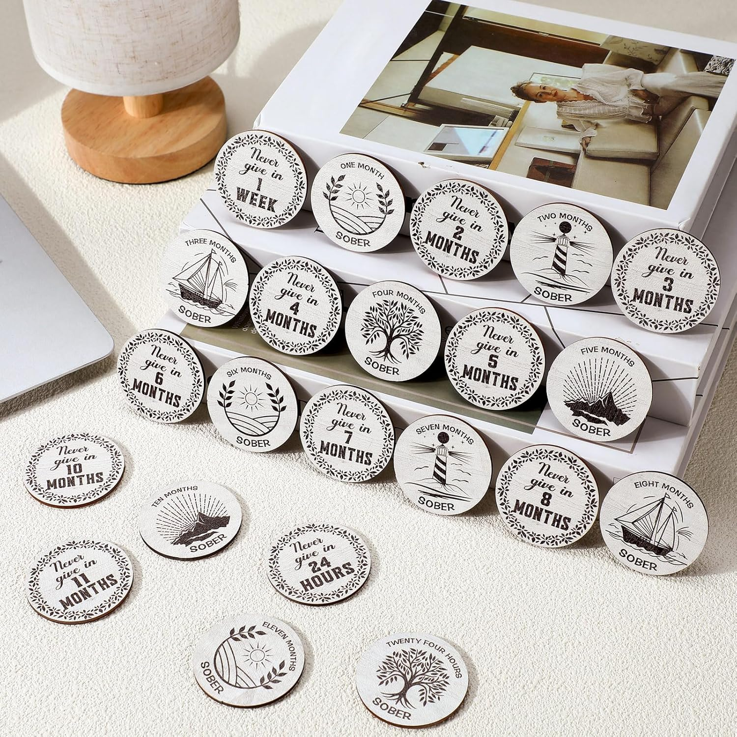 28 Pcs Wooden Sobriety Coin Gift Set, Recovery Sobriety Chip One Year AA Chips and Medallions Anniversary Sobriety Gifts for Men Alcoholics Anonymous Addiction Recovery Gift(White) - Wood Color image number 6