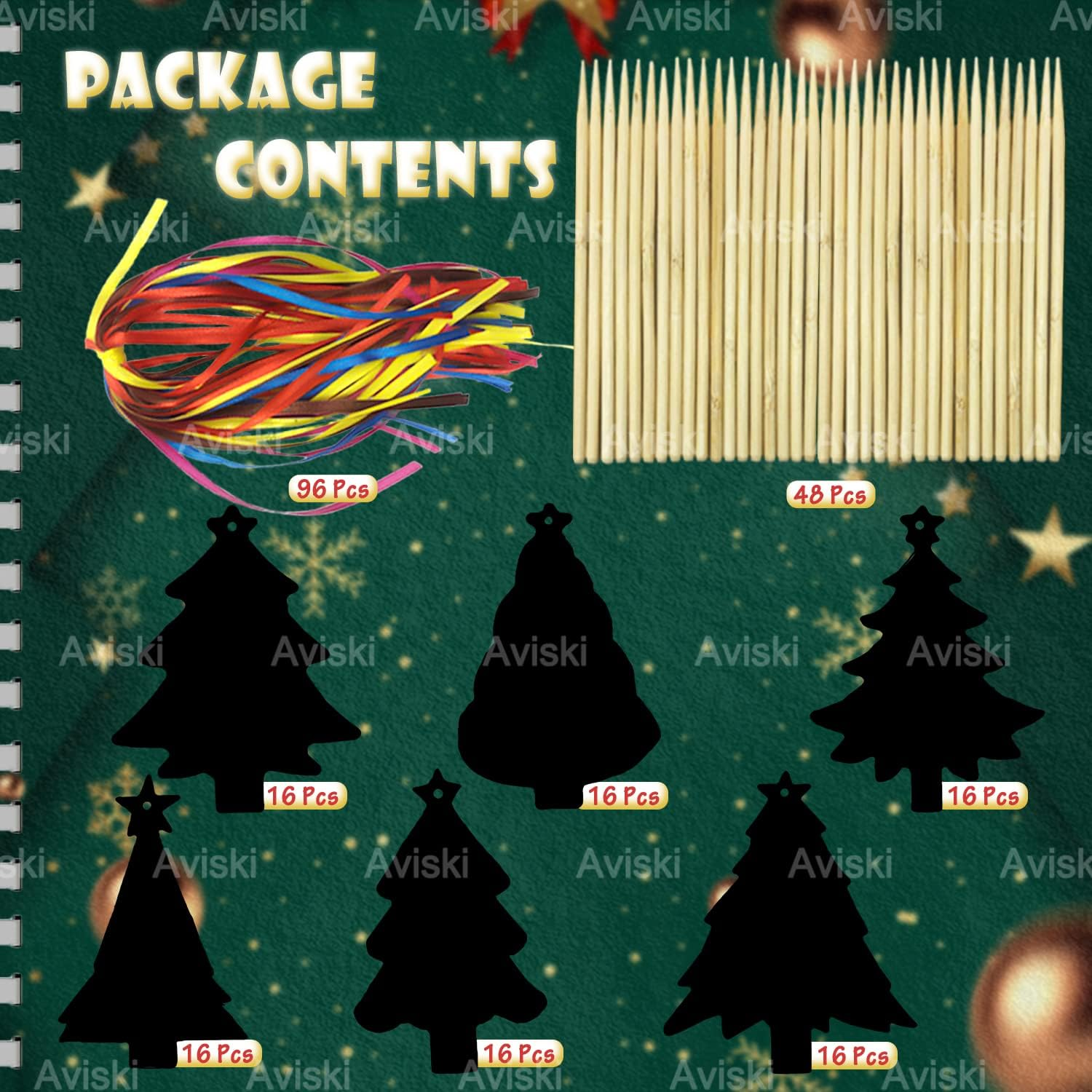 96Pcs Christmas Tree Scratch Art Kit - Rainbow Color Scratch Ornaments - Hanging Craft Art Kits with Wooden Stick and Ribbon - for Kids Christmas Winter Party Favors image number 6