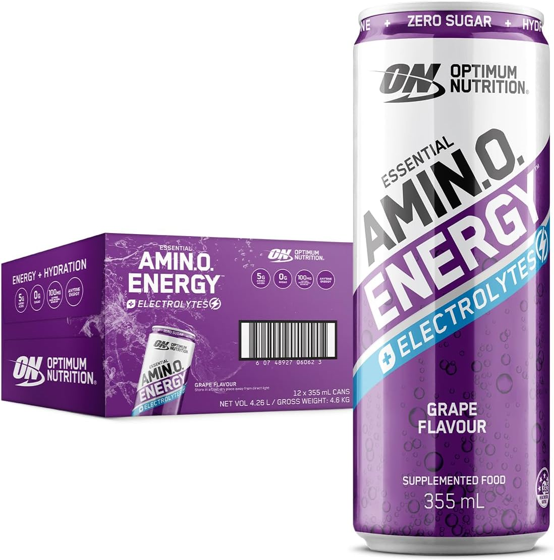OPTIMUM NUTRITION Amino Energy + Electrolytes Sparkling Hydration Drink, Grape Flavour, 355Ml, 12 Pack image number 6