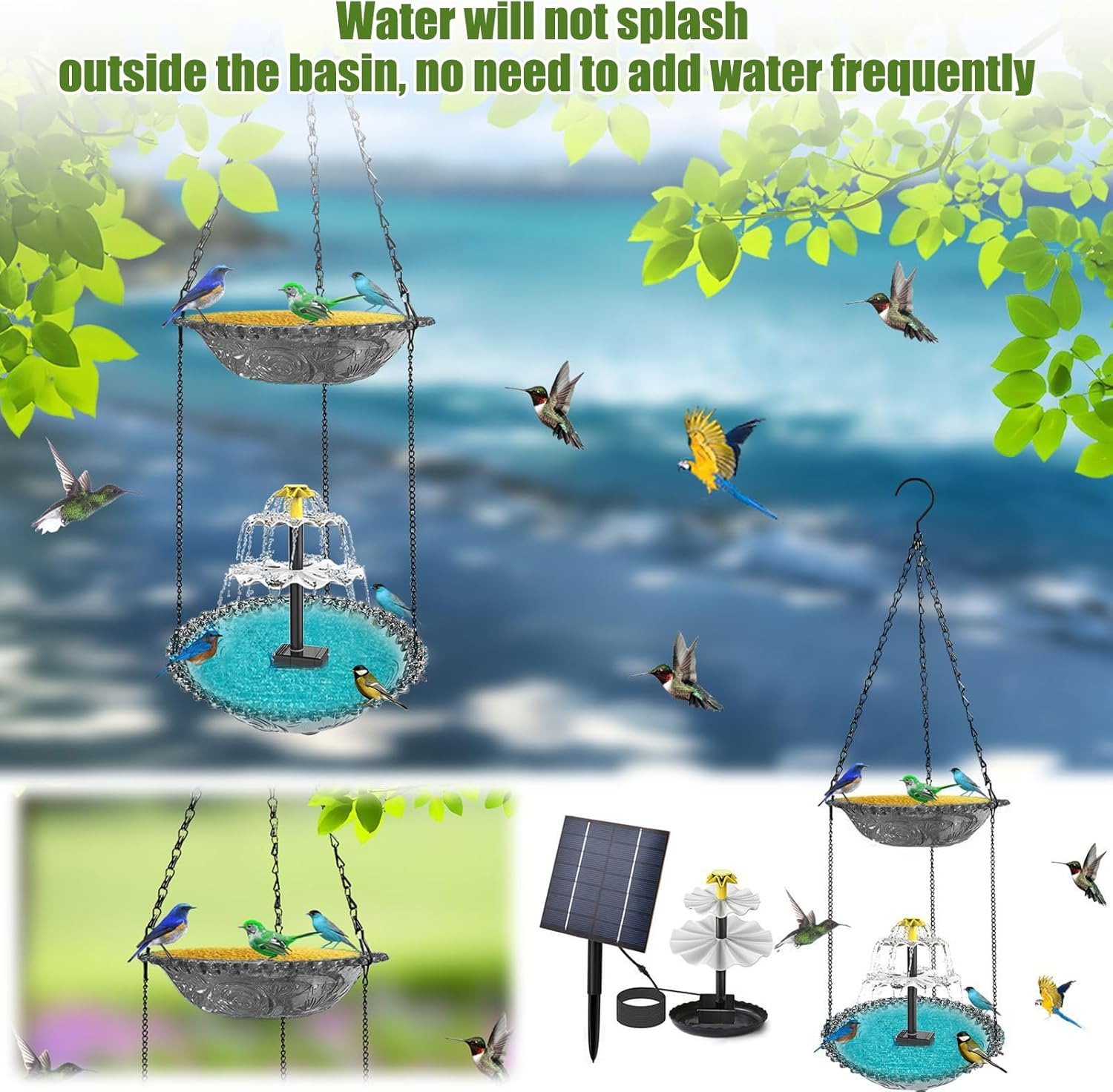 Hanging Bird Bath with Solar Fountain, Solar Birdbath, 9.25" X 27.6" H Double-Layer Hanging Bird Baths for Outdoors, Garden, Hummingbird (Gray) image number 3