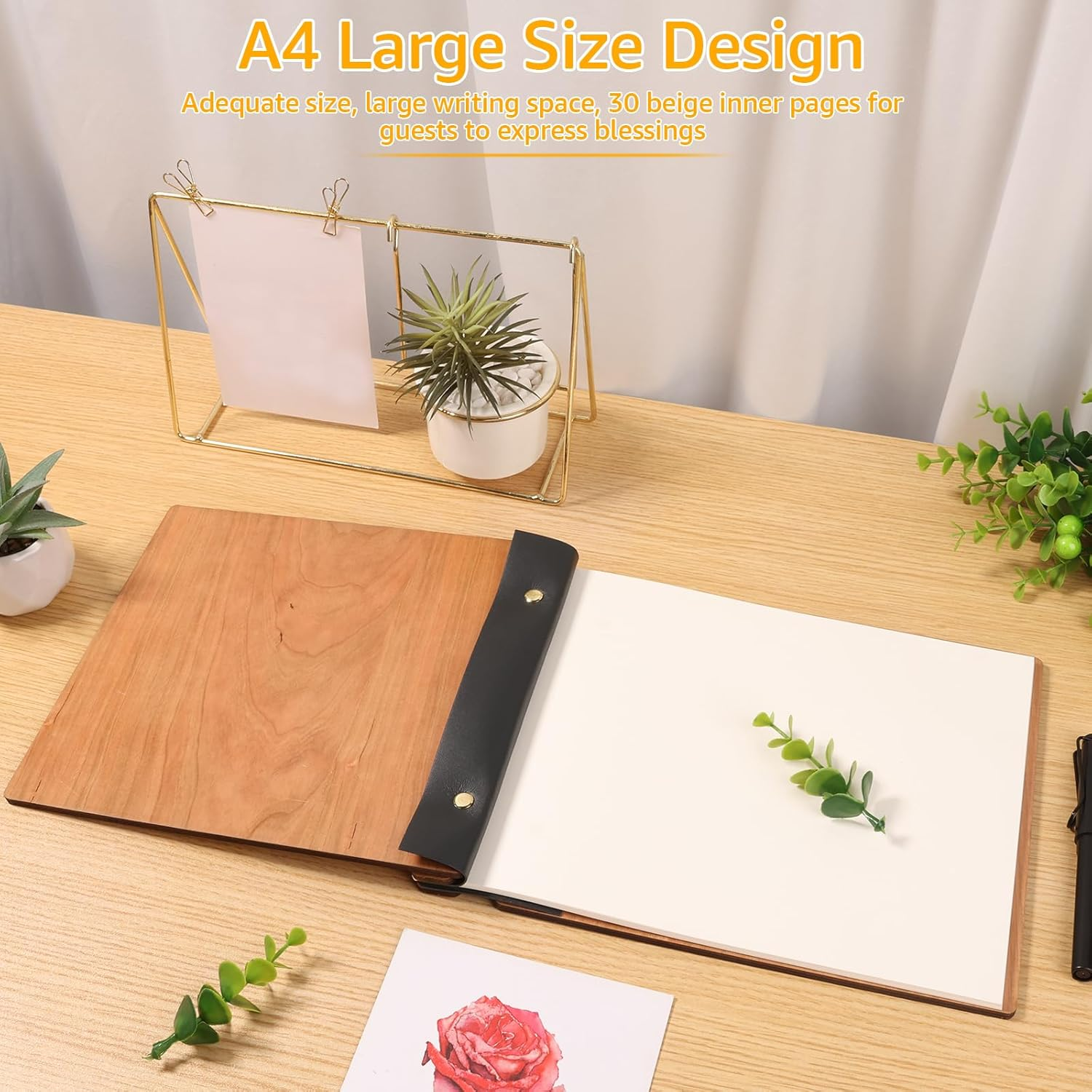 Wooden Photo Album Scrapbook, DIY Photo Wedding Guest Book with 30 Pages for Anniversary Memorial Occasions 28X21.7X1.8Cm (Original Wood Color) - Original Wood Color image number 6