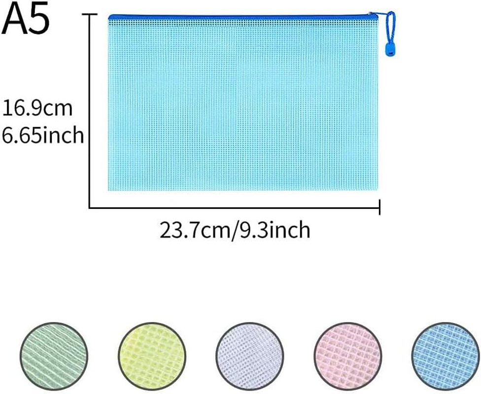 6Pcs Zip File Bags,Mesh Zipper Pouch Document,Waterproof Zip File Folders,Multipurpose Bags for School Office Supplies and Business Papers and Books Storage and Cosmetics Storage (A5 5Pcsmulticolor)