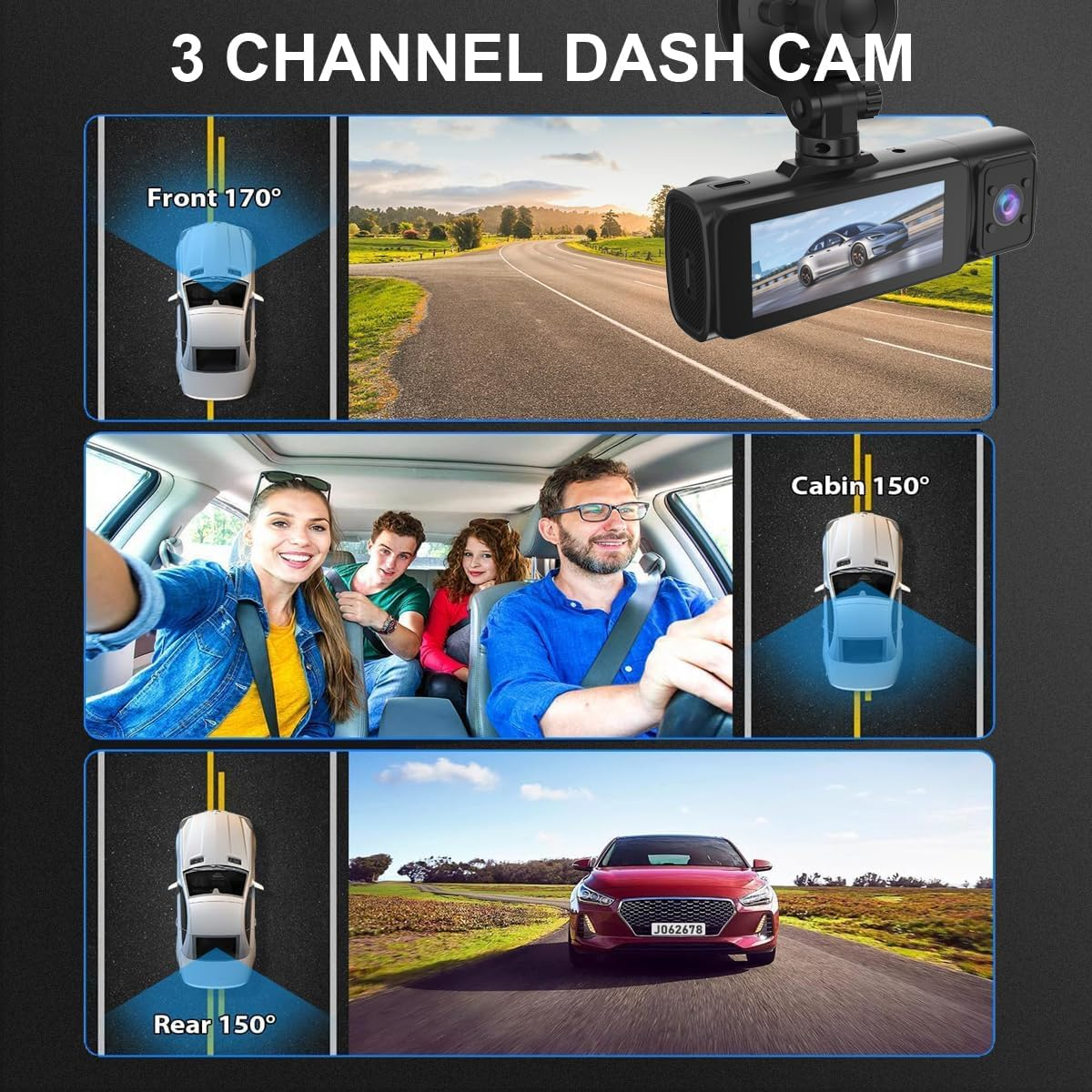 MIOLLYBO 1080P Dash Camera with Wifi for Cars, 3 Channel Dash Cam Front and Rear inside with 3.18" Display Dashcam, 32GB TF Card, Night Vision, Loop Recording, Motion Detection, App Control image number 2