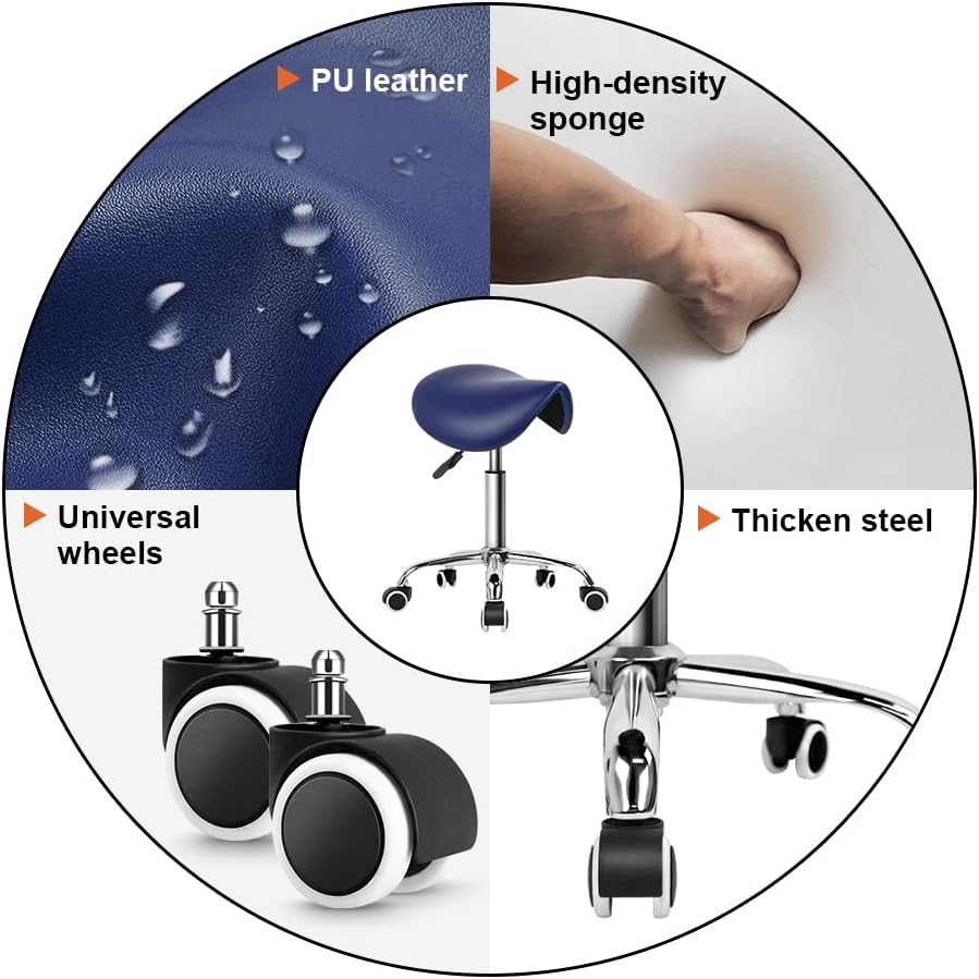 KKTONER Rolling Saddle Stool PU Leather Swivel Adjustable Rolling Stool with Wheels Salon Chair (Blue) image number 5