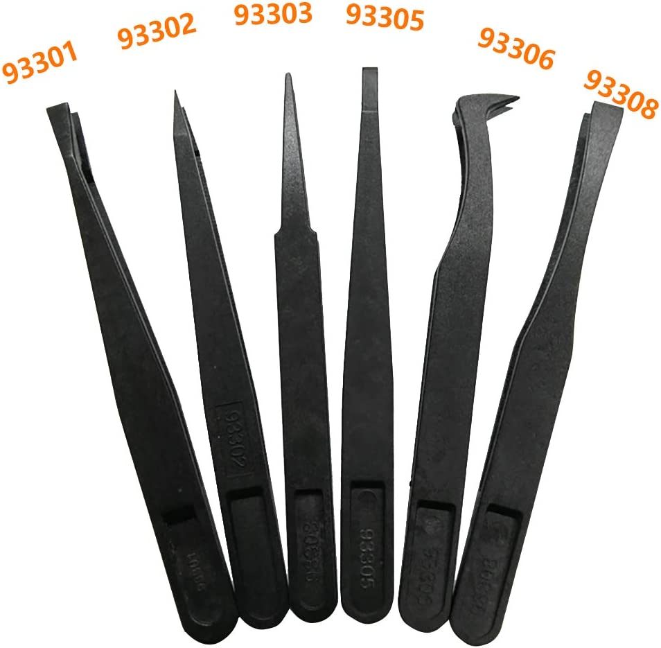 FEITA Precision Plastic Tweezers Kit - Plastic anti Static Tweezers Set Pickup Craft Electronics DIY Repair Tool - Black - 6Pcs