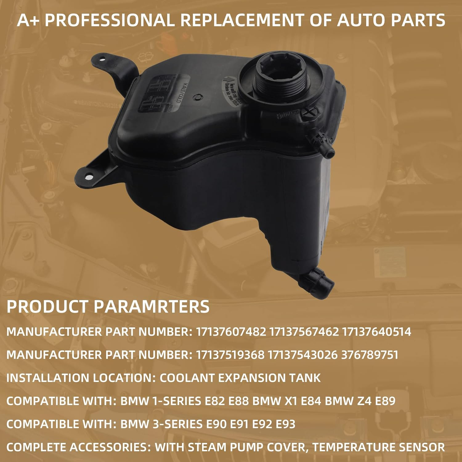 Dasbecan Coolant Reservoir Overflow Expansion Tank and Level Sensor and Cap Compatible with BMW 1-Series E82 E88 X1 E84 Z4 E89 3-Series E90 E91 E92 E93 Replaces# 17137607482 17137567462 17137640514 image number 1