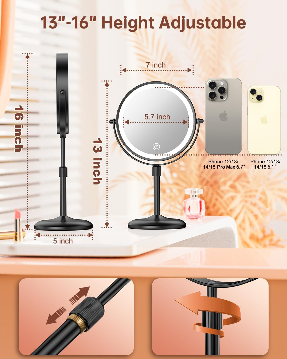 Benbilry Lighted Makeup Mirror with Adjustable Stand, [3 Color Dimmable Lights & 1X/10X Magnification & Type-C Rechargeable] 7" Double Sided Vanity Mirror, 360&deg; Swivel Cordless Standing Mirror Black - Gold image number 3
