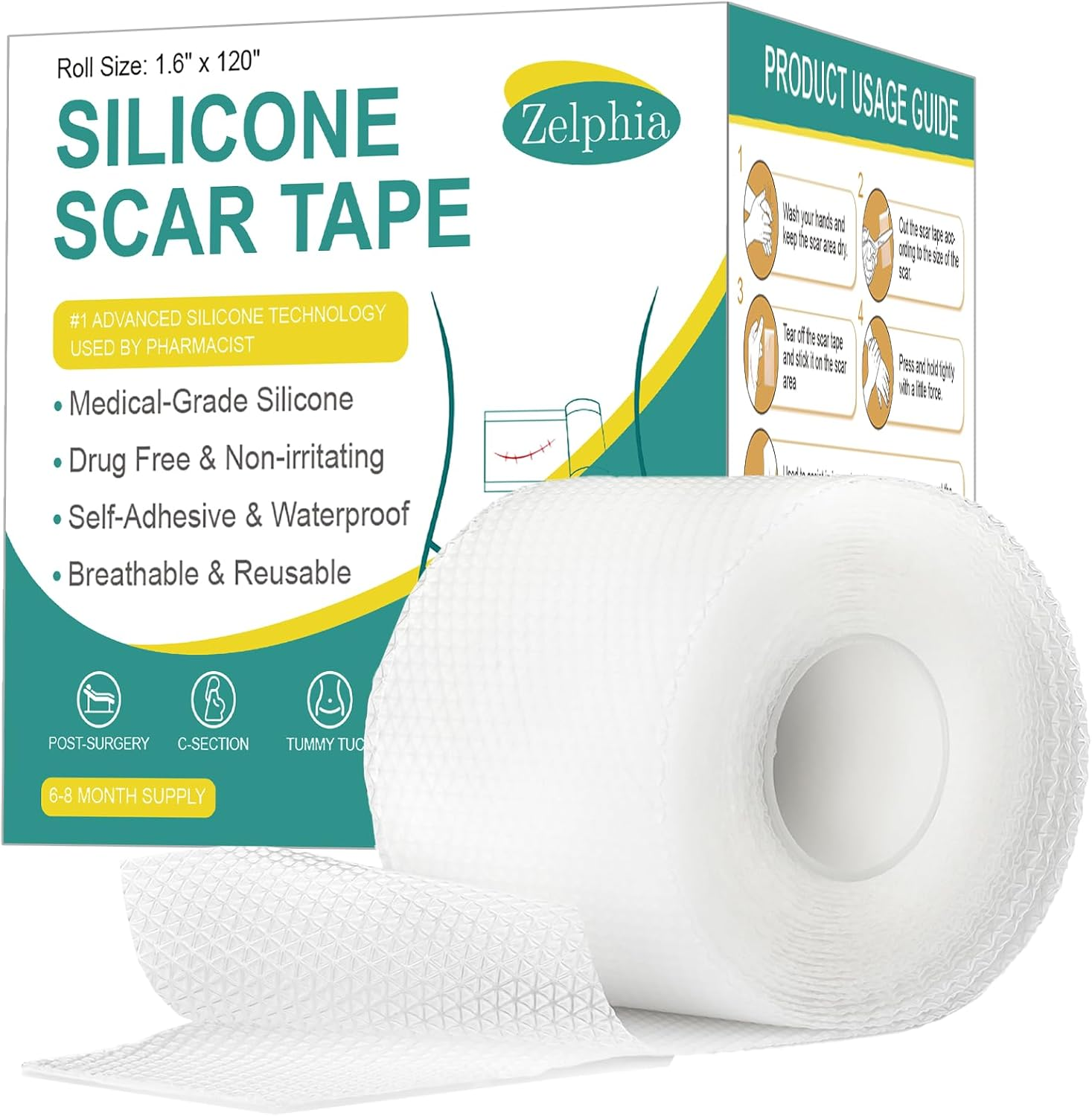 Silicone Scar Tape(3M - 1.6'' X 120''Roll) - Scar Removal Soft Silicone Scar Sheets Strips- Medical Grade, Reusable Gel Scar Tape for Keloid Surgery, C-Section, Acne and Burn