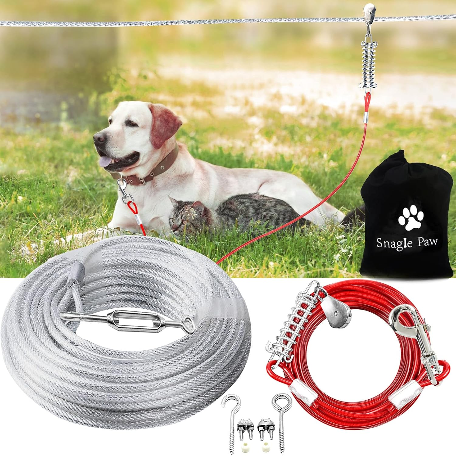 Dog Tie Out Runner for Yard,Trolley System for Large Dogs,Heavy Duty Dog Run Cable Lead 120Ft with 10Ft Pulley Runner Line for Small Medium and Large Dogs up to 250Lbs Running outside Yard or Camping